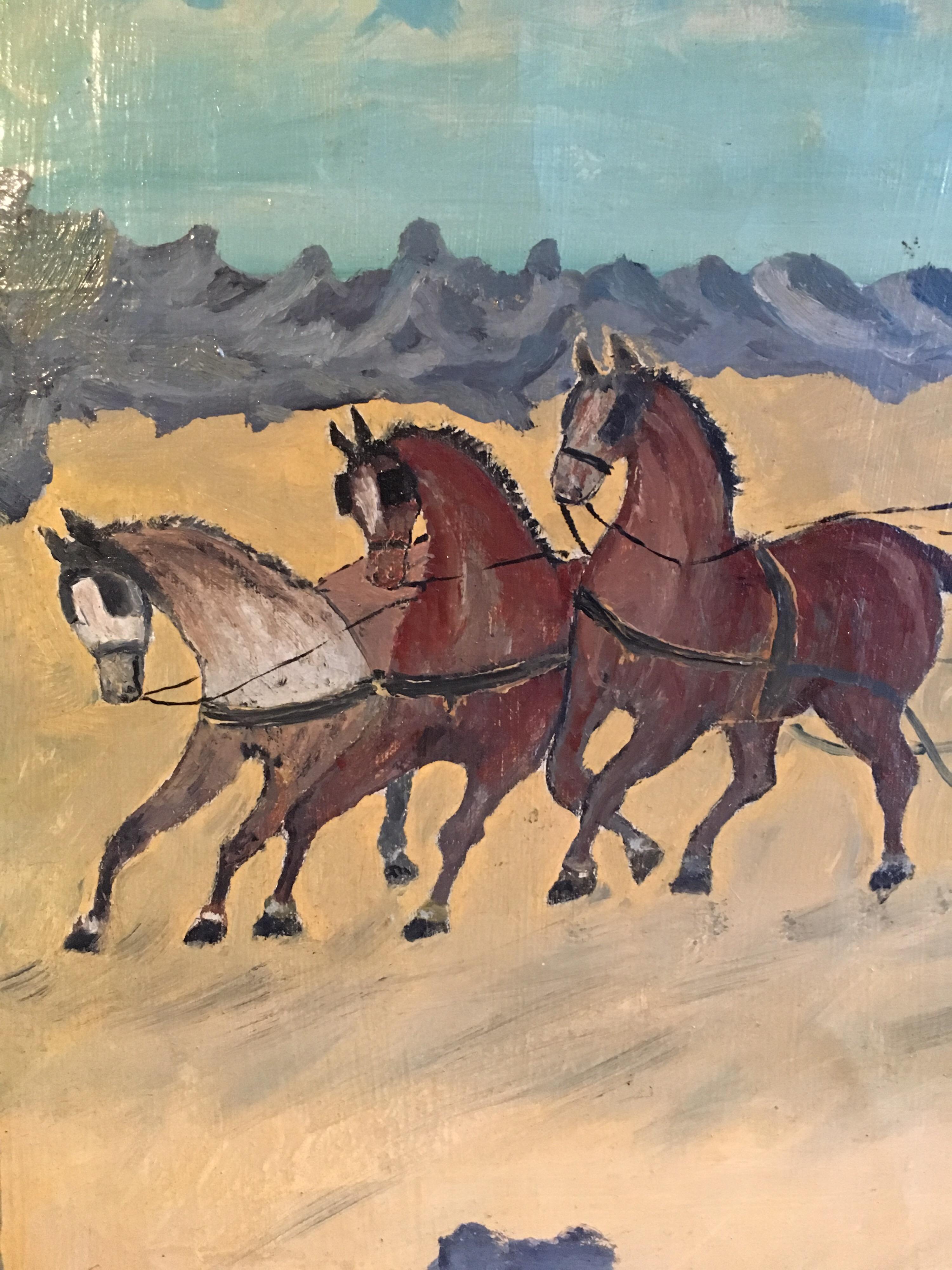 Reisereisen, Pferdegezeichnete Kutsche, impressionistisches Ölgemälde, signiert (Braun), Animal Painting, von J.Dubois