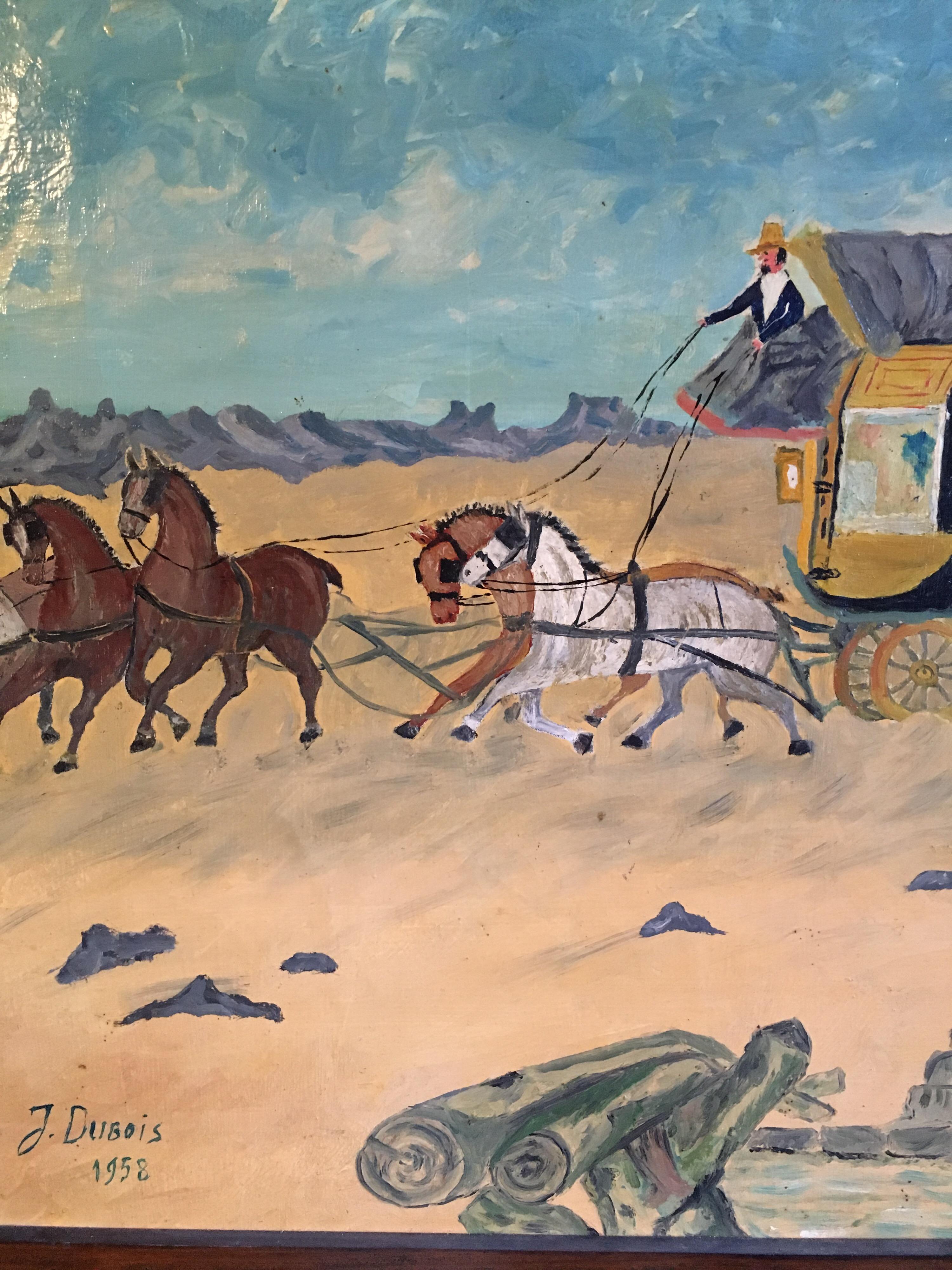 Travellers, Horse Drawn Carriage, Impressionist Oil Painting, Signed
By French artist J.Dubois, Mid 20th Century
Signed and dated '1958' by the artist on the lower left hand corner
Oil painting on canvas, framed
Framed size: 23 x 27.5