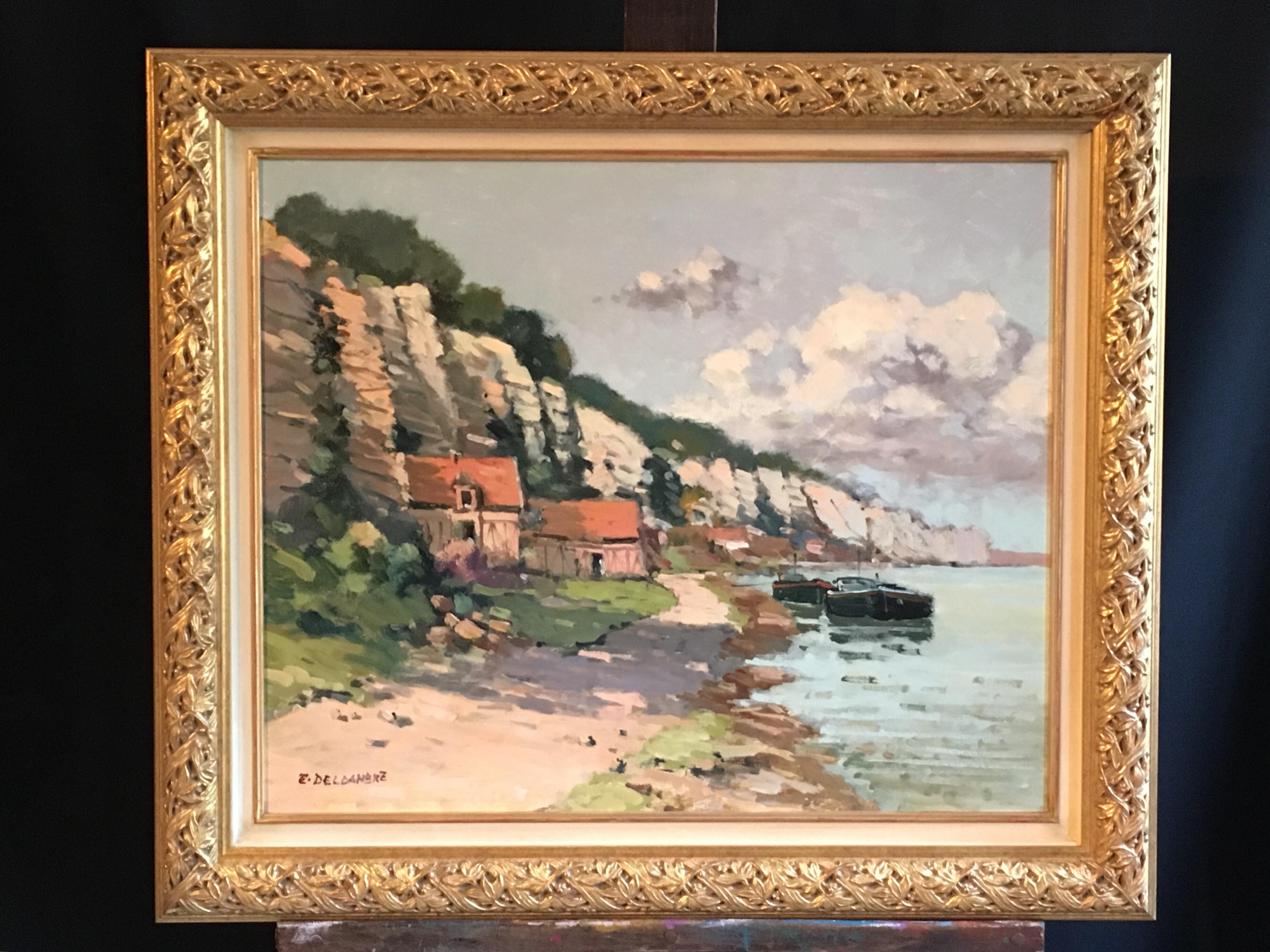 'La Seine Vers Orival' Landscape Impressionist Oil Painting, Signed
By French artist Elysee Delcambre, b. 1930
Signed by the artist on the lower left hand corner
Signed and titled verso
Oil painting on canvas, framed
Framed size: 24 x 27.5 inches