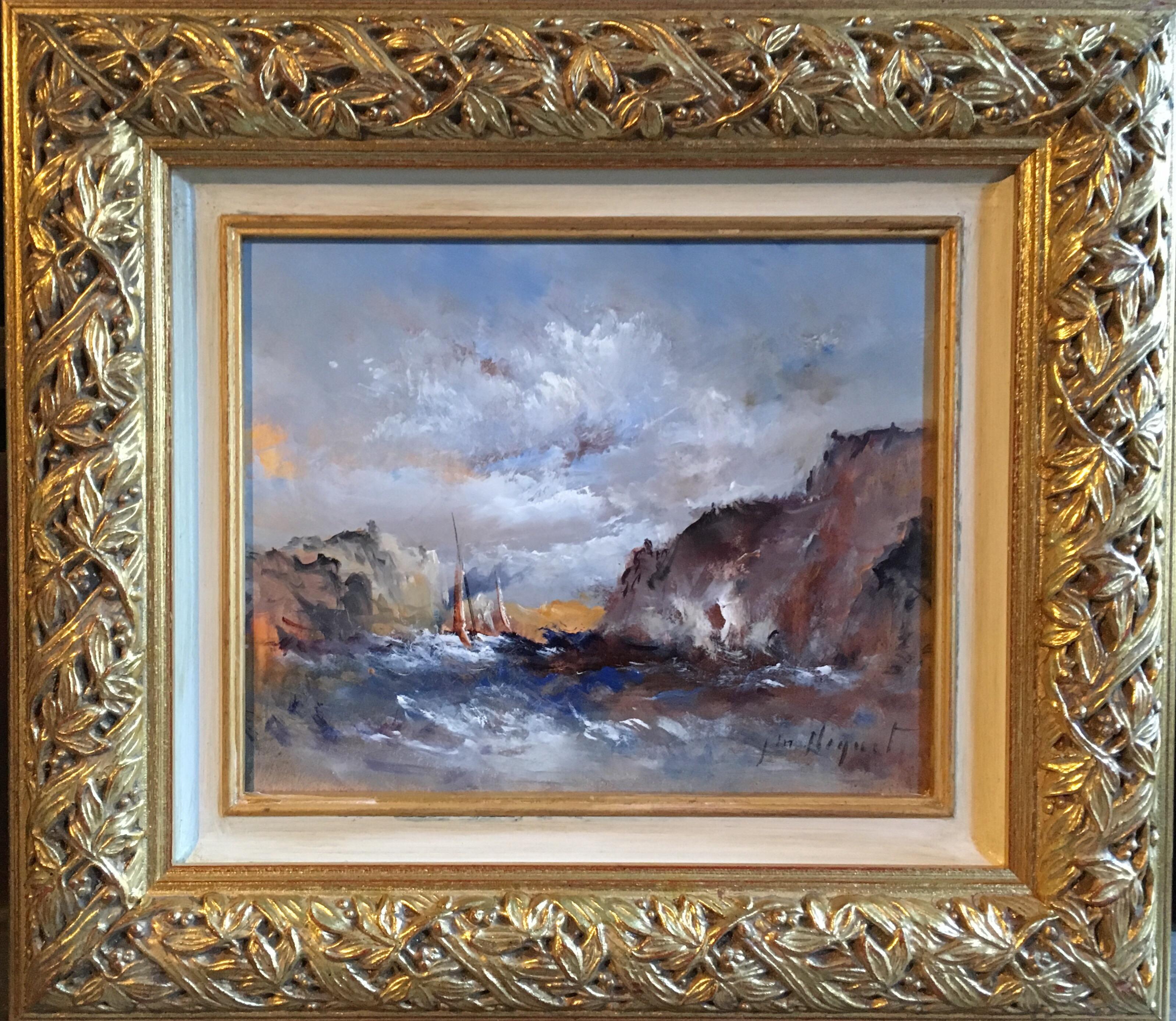 Jean Michel Noquet Still-Life Painting - Boats at Sea, Nautical Impressionist Landscape, Signed Oil Painting 