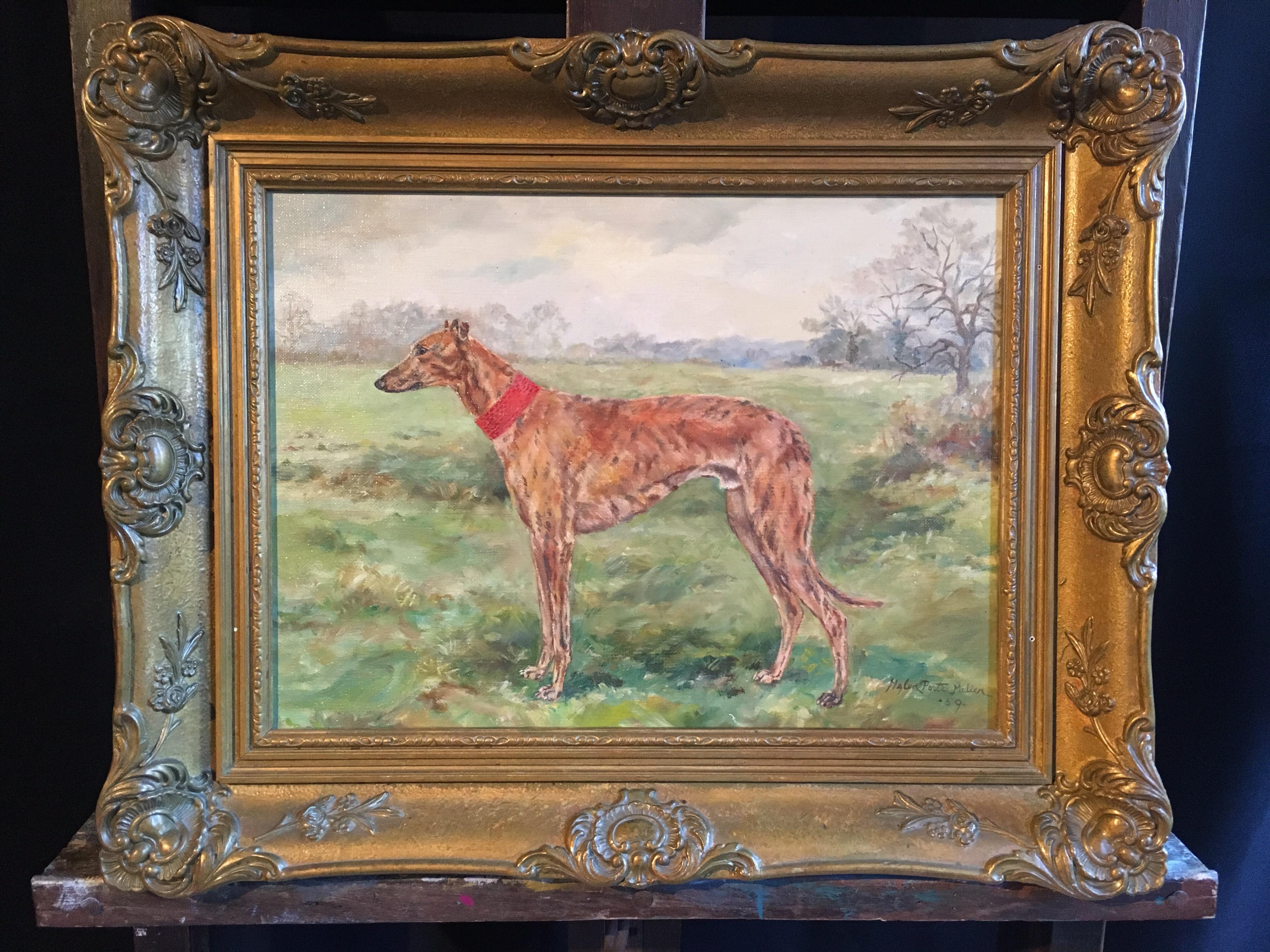 Whippet Dog Portrait 'Stoneden Hiawatha' Fine Impressionist Oil Painting, Signed
By British artist 'Helen Porter Millen' Mid 20th Century
Signed by the artist on the lower right hand corner, 
Titled verso
Oil painting on canvas, framed
Framed size: