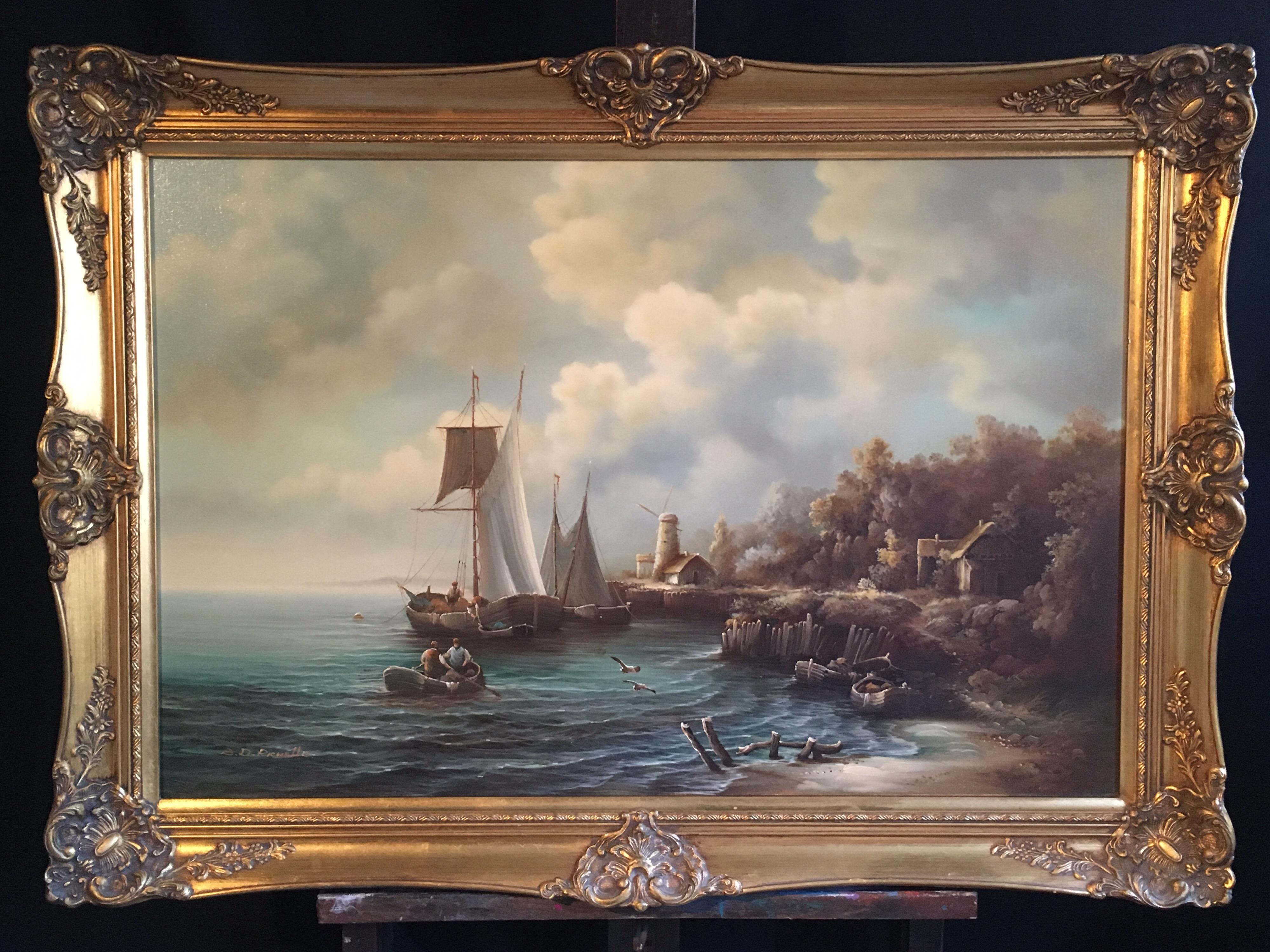 Boats in the Harbour, Fine Classical Oil Painting, Signed 4