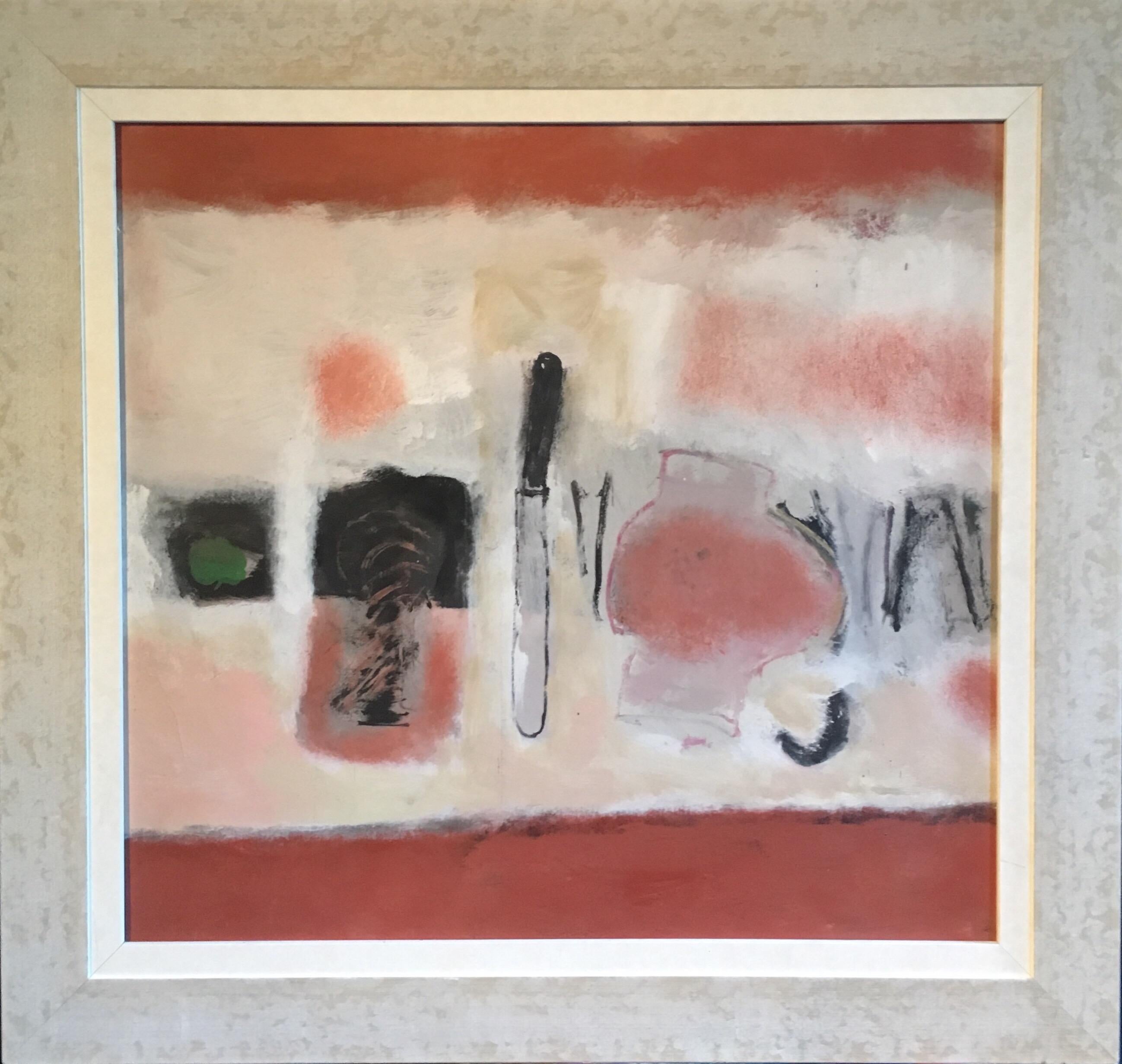Stewart Lees Abstract Painting – Stilisiertes Stillleben, rote Palette, Original-Ölgemälde