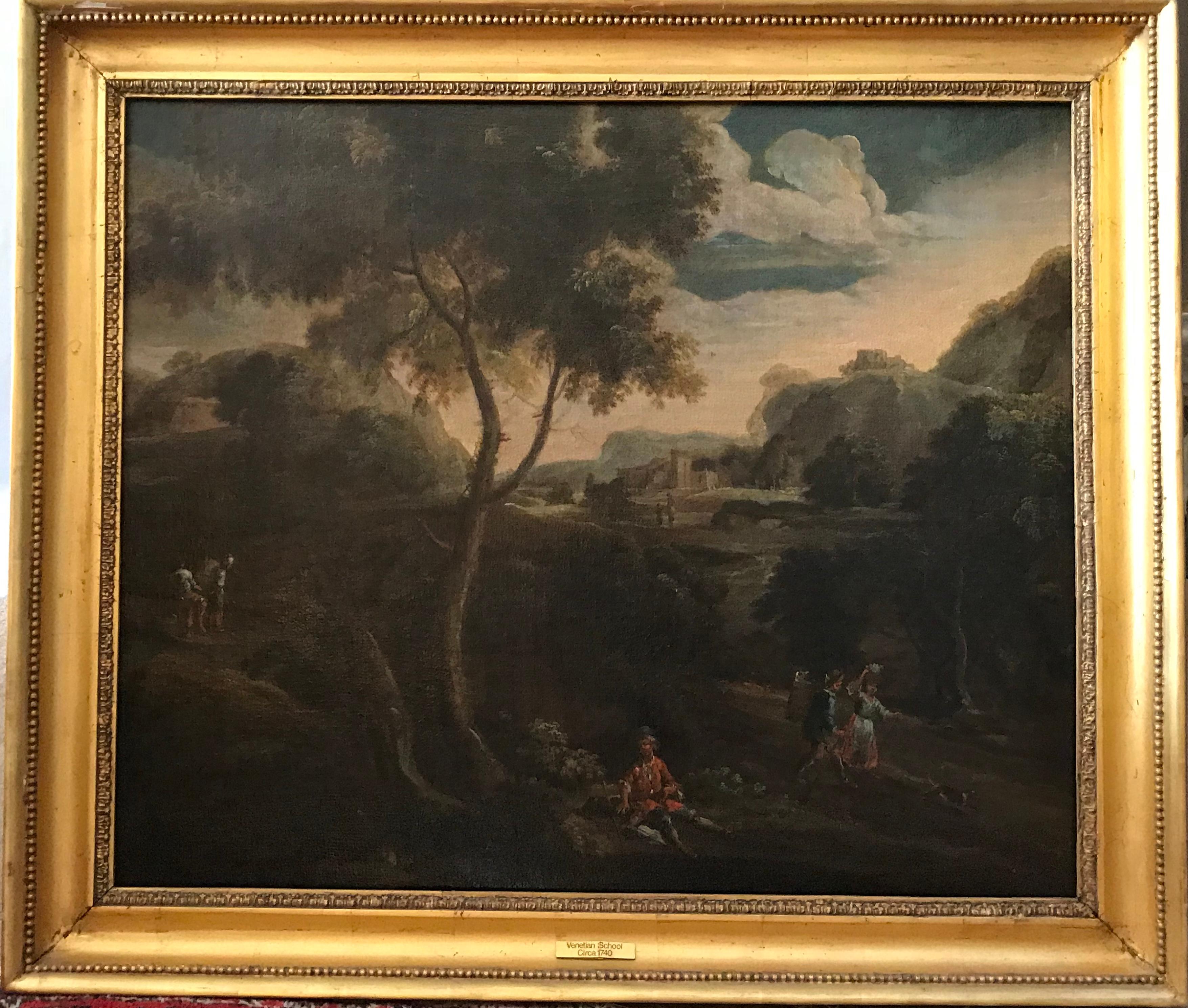 Arcadian Landscape with Figures, circa 1740. Large Old Master oil painting - Painting by Unknown