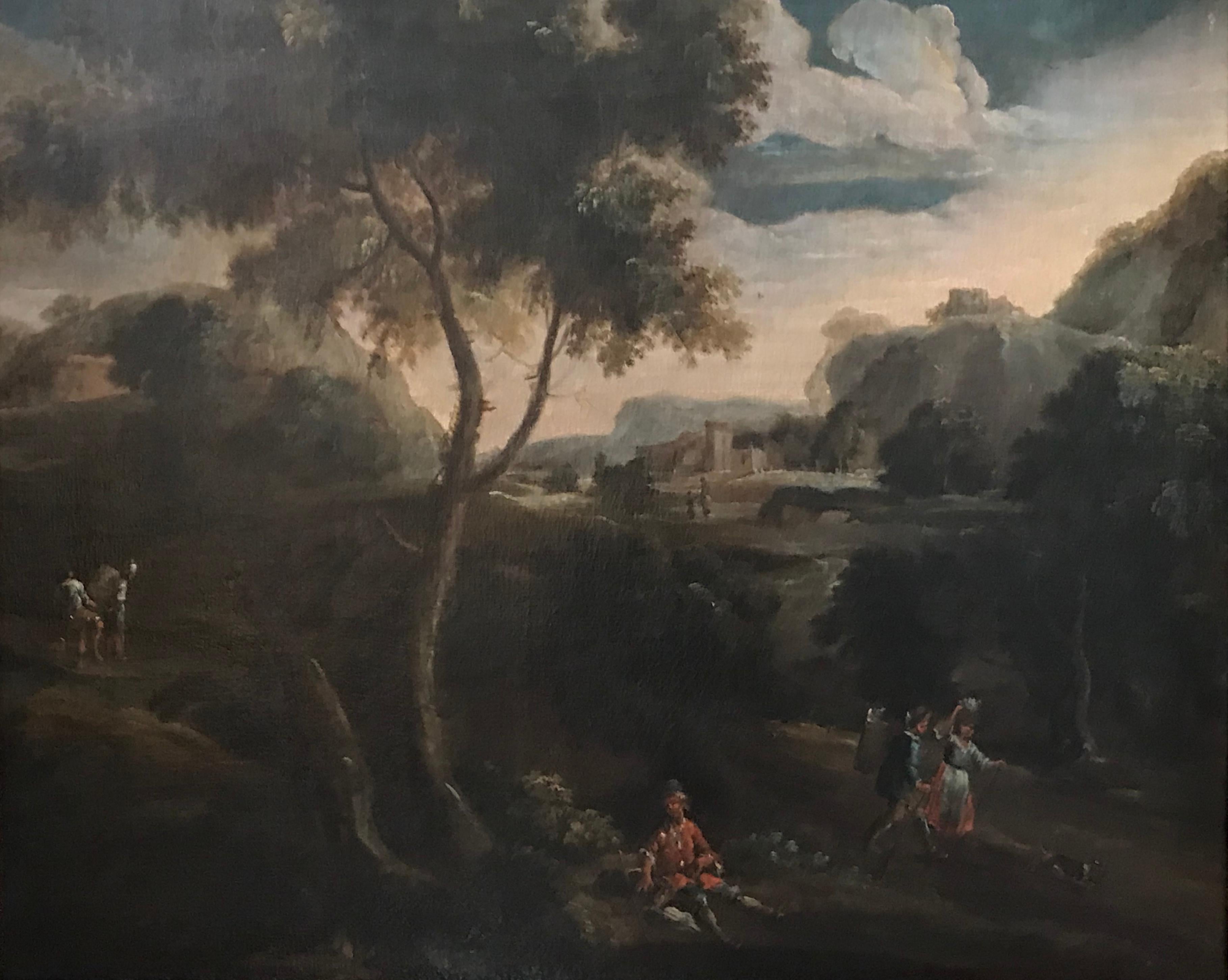 Unknown Landscape Painting – Arcadian Landscape with Figures, circa 1740. Large Old Master oil painting
