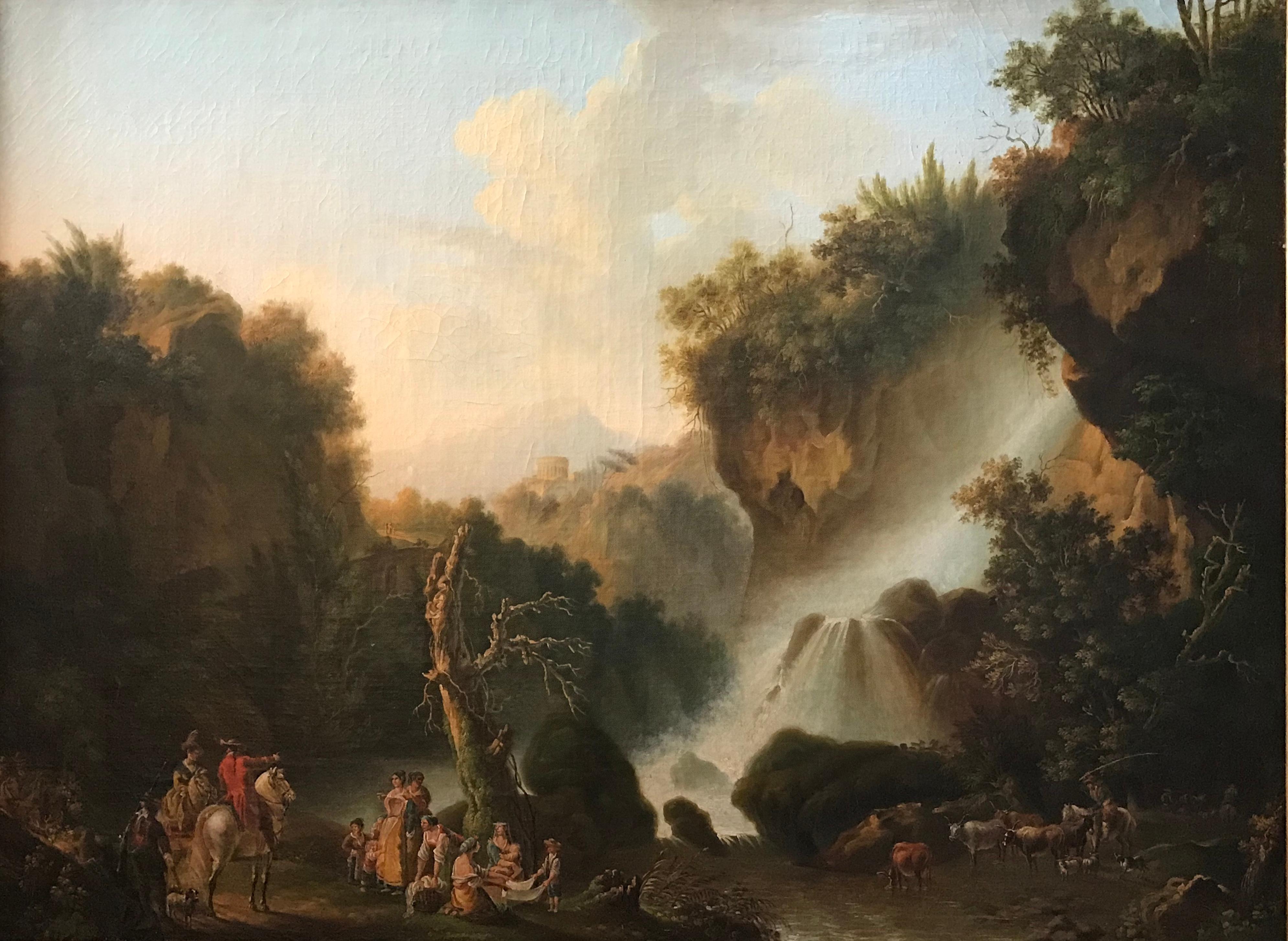 Adolf Friedrich Harper Landscape Painting – Der Wasserfall in Terni:: Italien. Großformatiges Ölgemälde aus dem 18. Jahrhundert