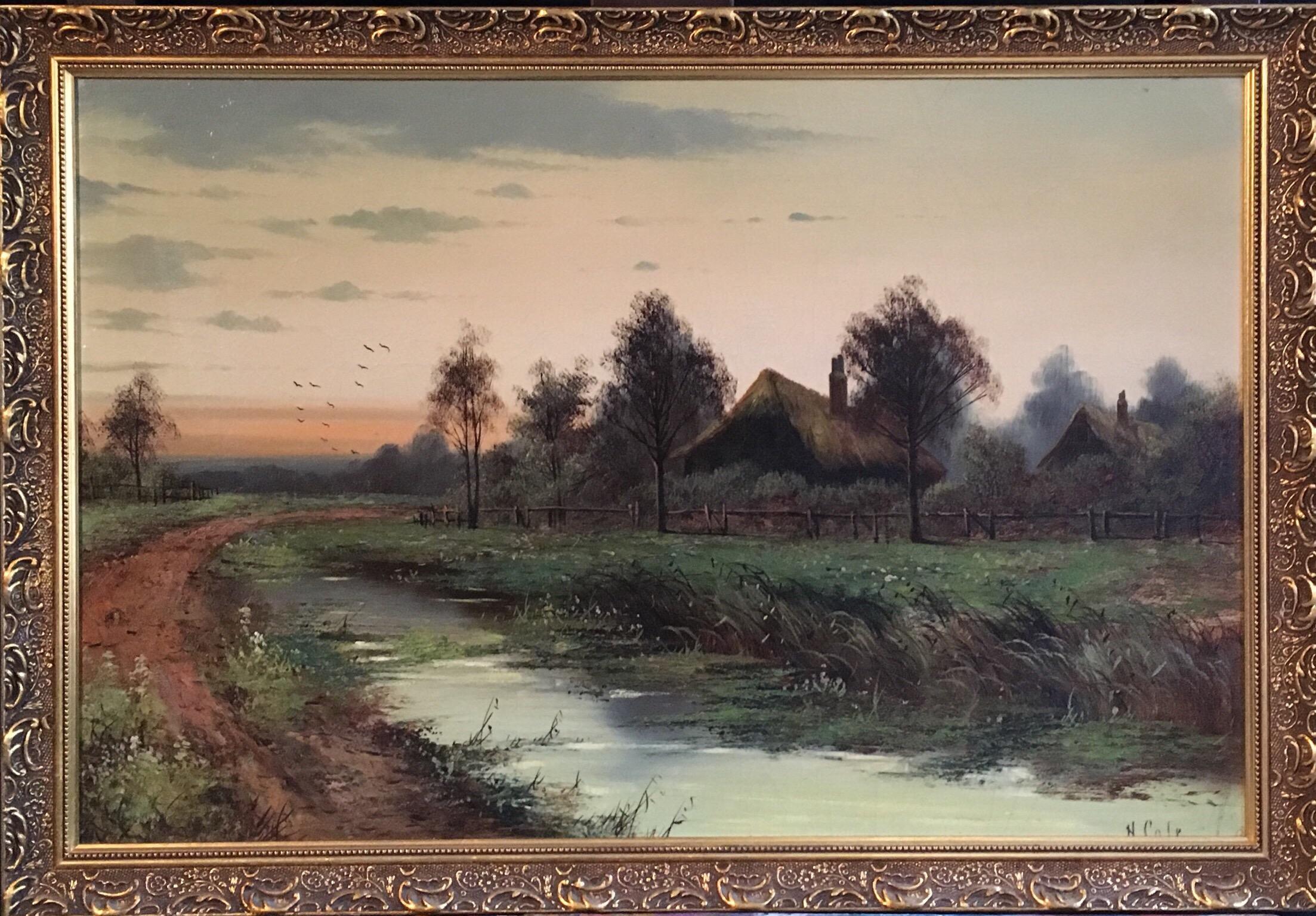 N.Cole Landscape Painting - Rural Sunset Antique English Original Signed Oil Painting