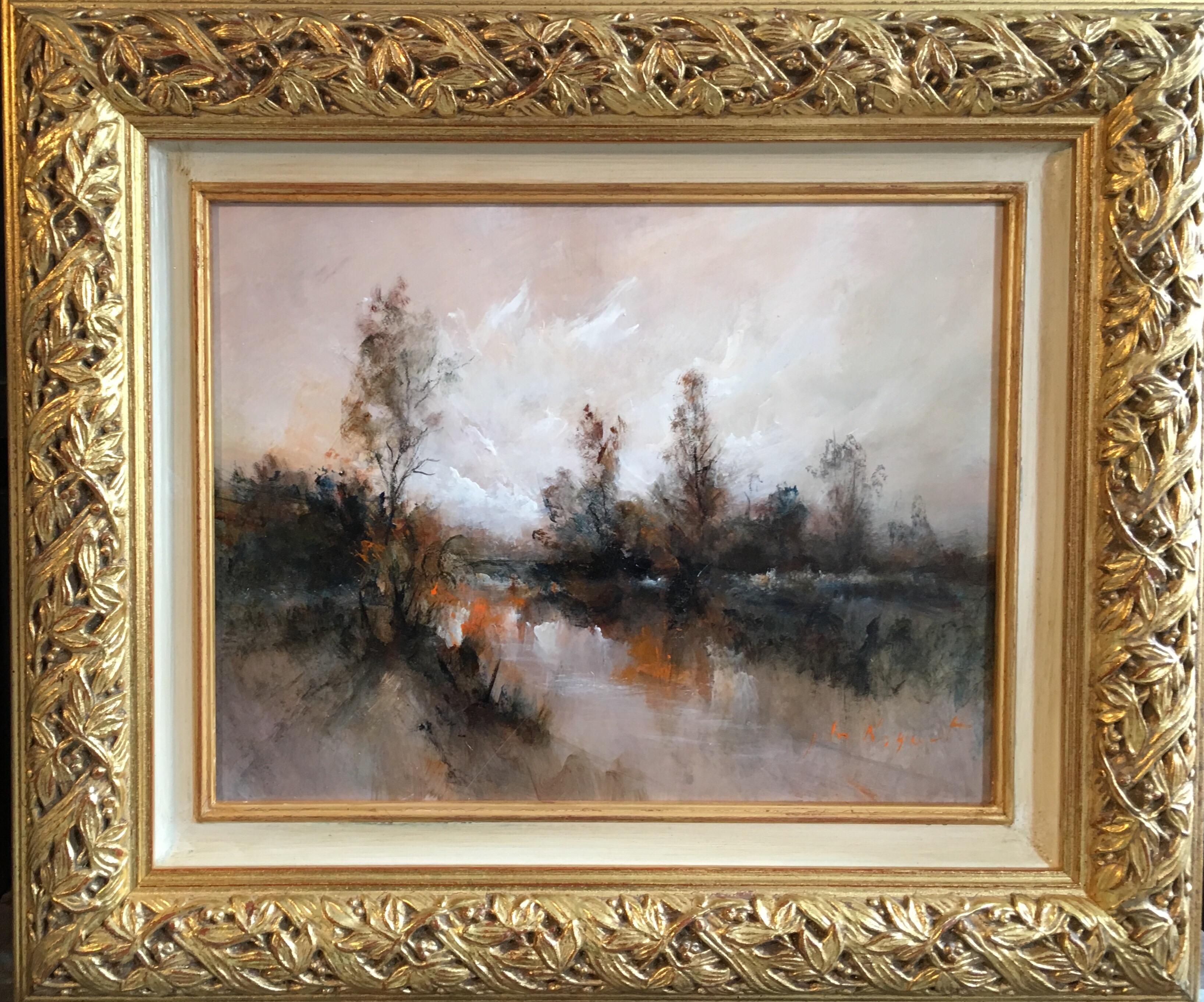 Jean Michel Noquet Still-Life Painting - Still Lake at Sunrise, Impressionist Landscape, Signed Oil Painting 