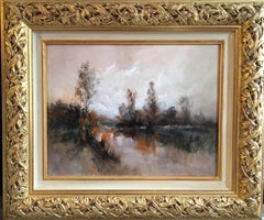 Still Lake at Sunrise, Impressionist Landscape, Signed Oil Painting 