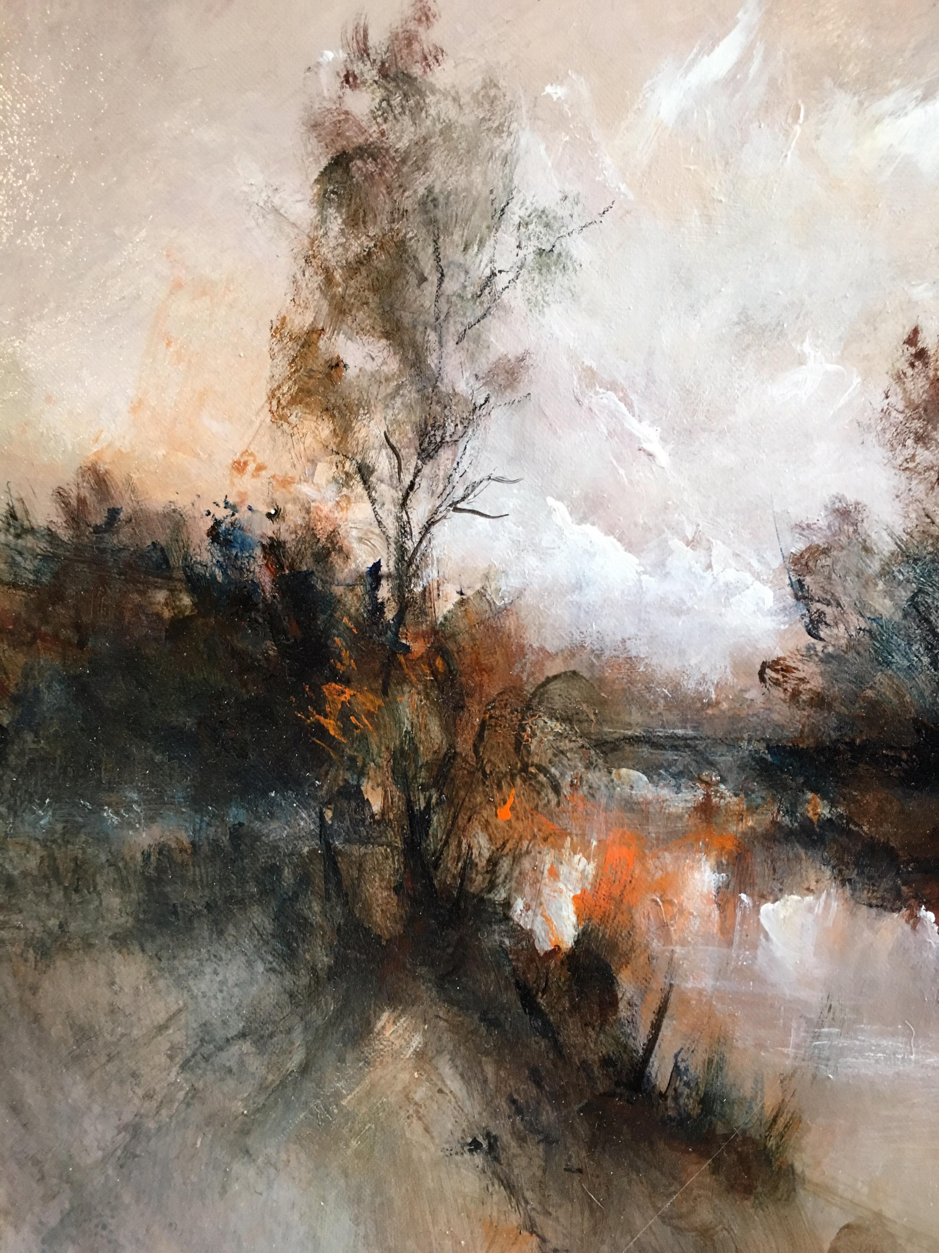 Still Lake at Sunrise, Impressionist Landscape, Signed Oil Painting  1