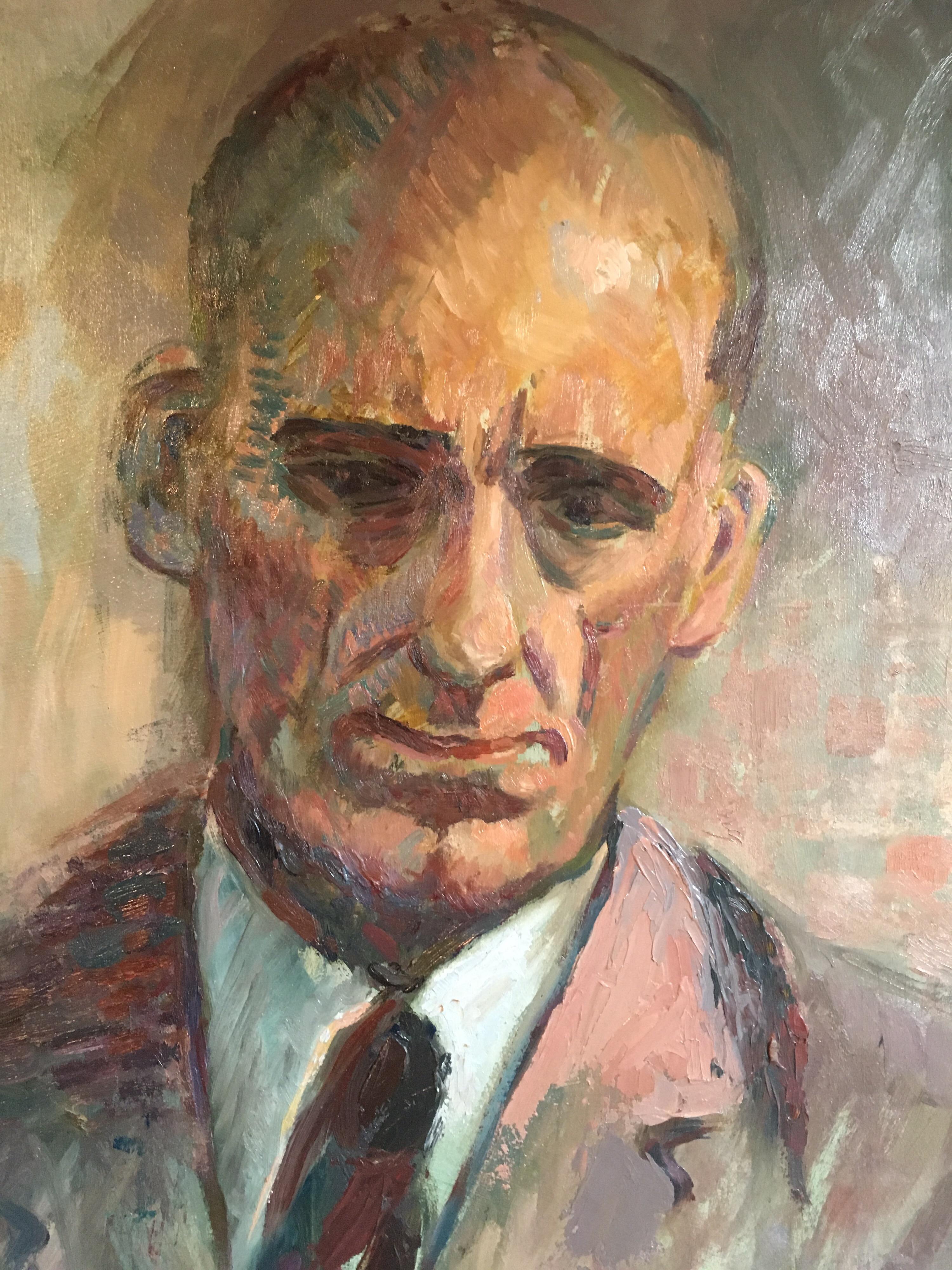 Sombre Gentlemen, Male Portrait, Original Impressionist Oil Painting
British School, Mid 20th Century
Oil painting on board, unframed
Board size: 18 x 24 inches

Incredibly stylish portrait of a gentlemen. This style of impressionist portraits,