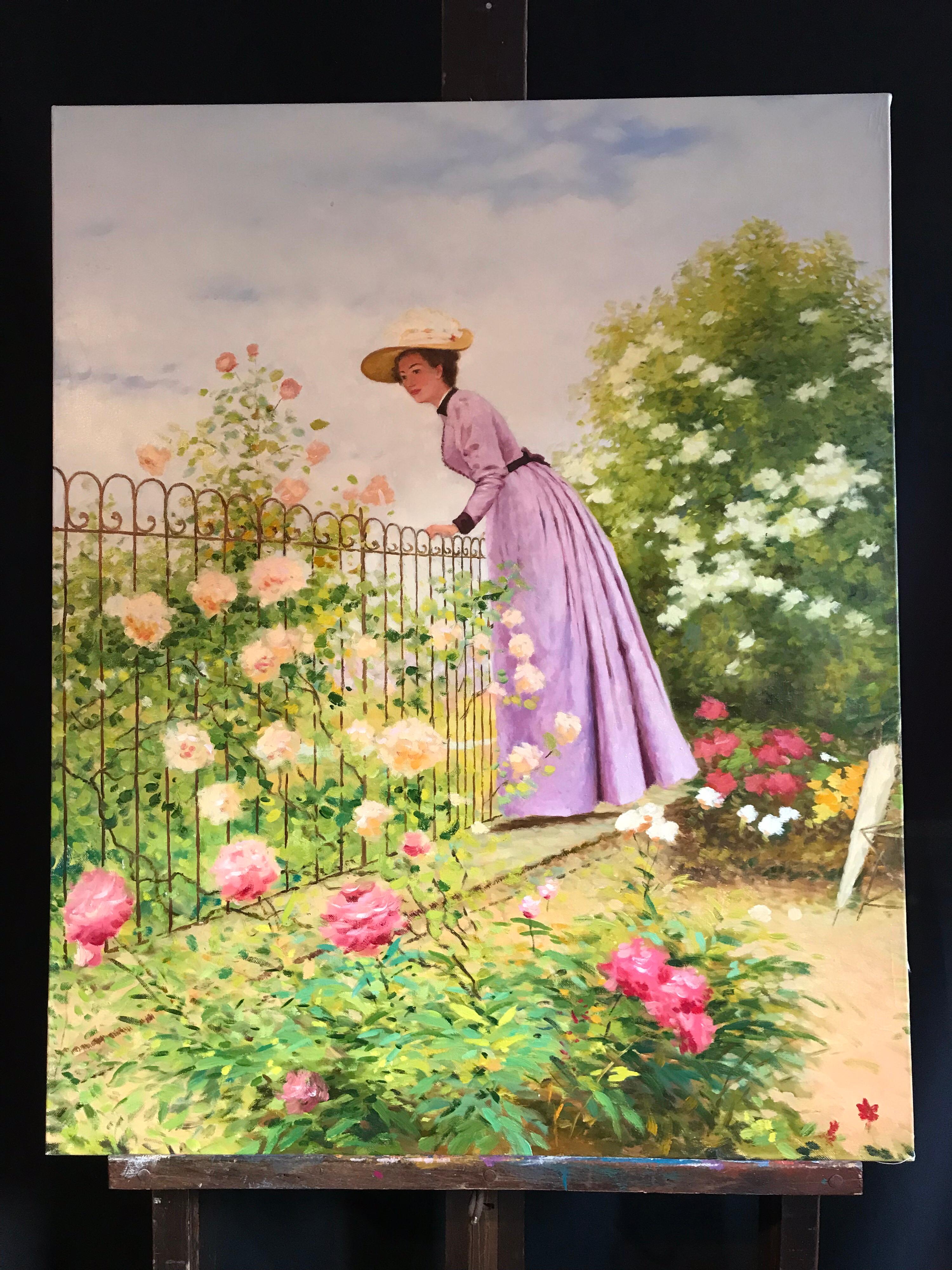 Lady in Floral Garden, Large Oil Painting on Canvas - Brown Figurative Painting by Unknown