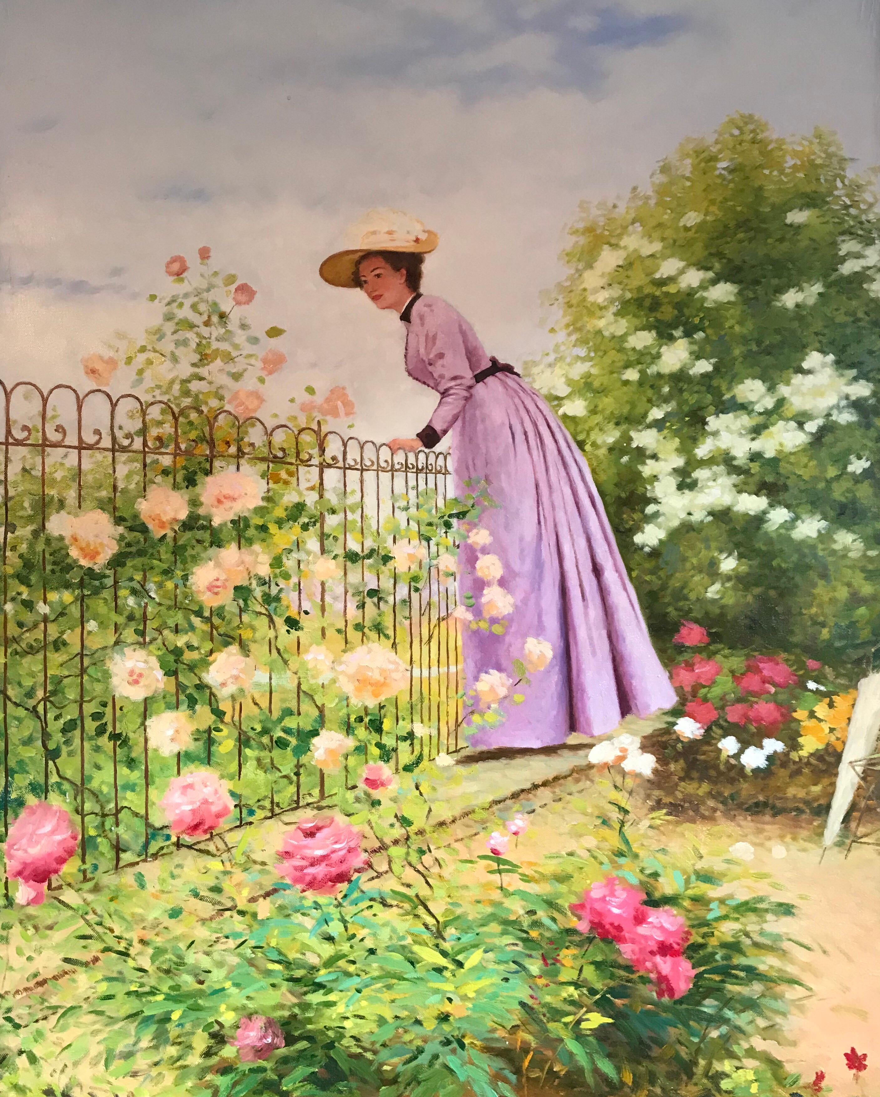 Unknown Figurative Painting - Lady in Floral Garden, Large Oil Painting on Canvas