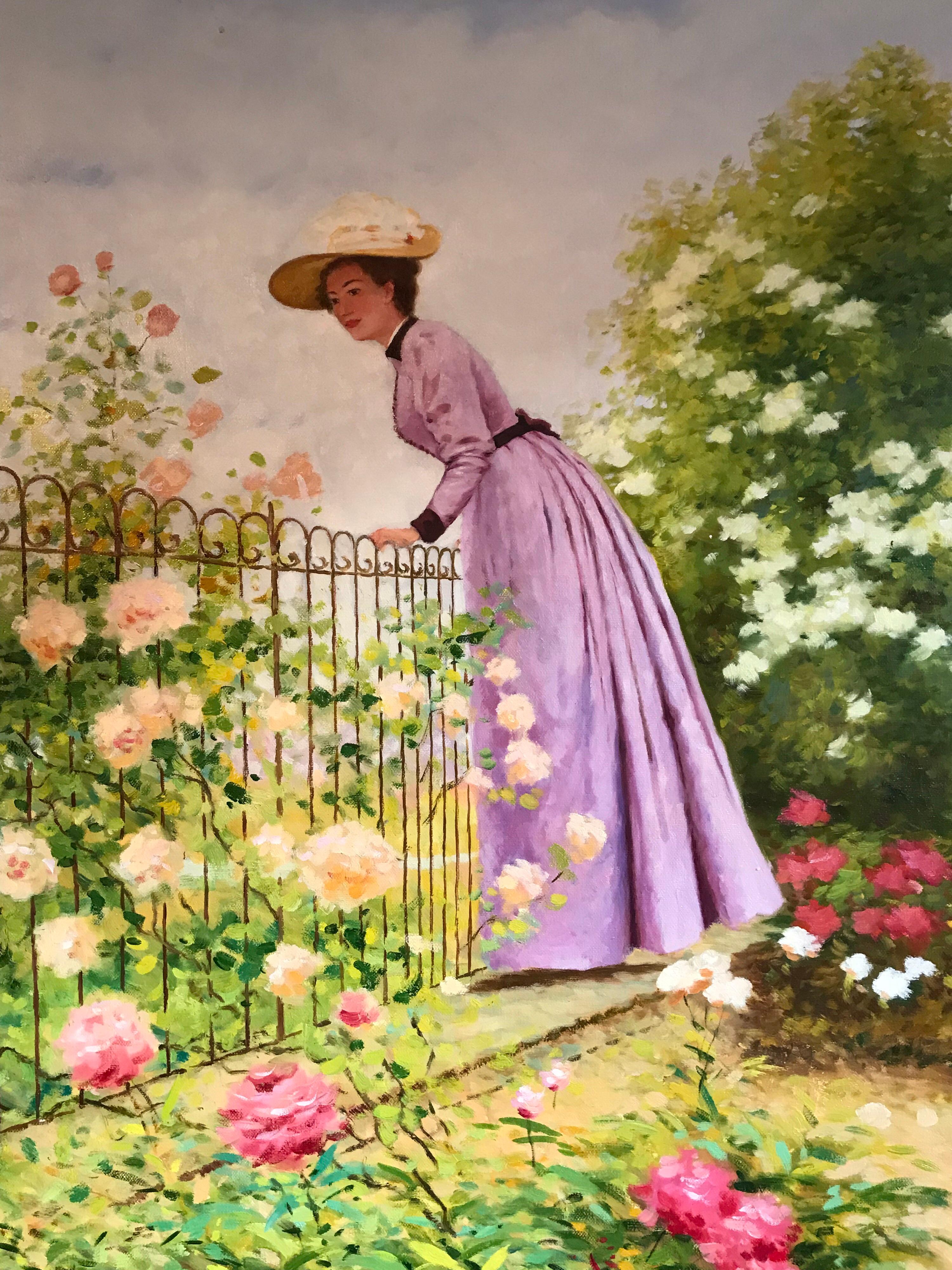 Lady on the Terrace
Russian School, 20th century
oil painting on canvas, unframed
35 x 28 inches

provenance: private European collection

Superb quality Russian oil painting depicting this young beautiful lady in a floral garden, as she looks out