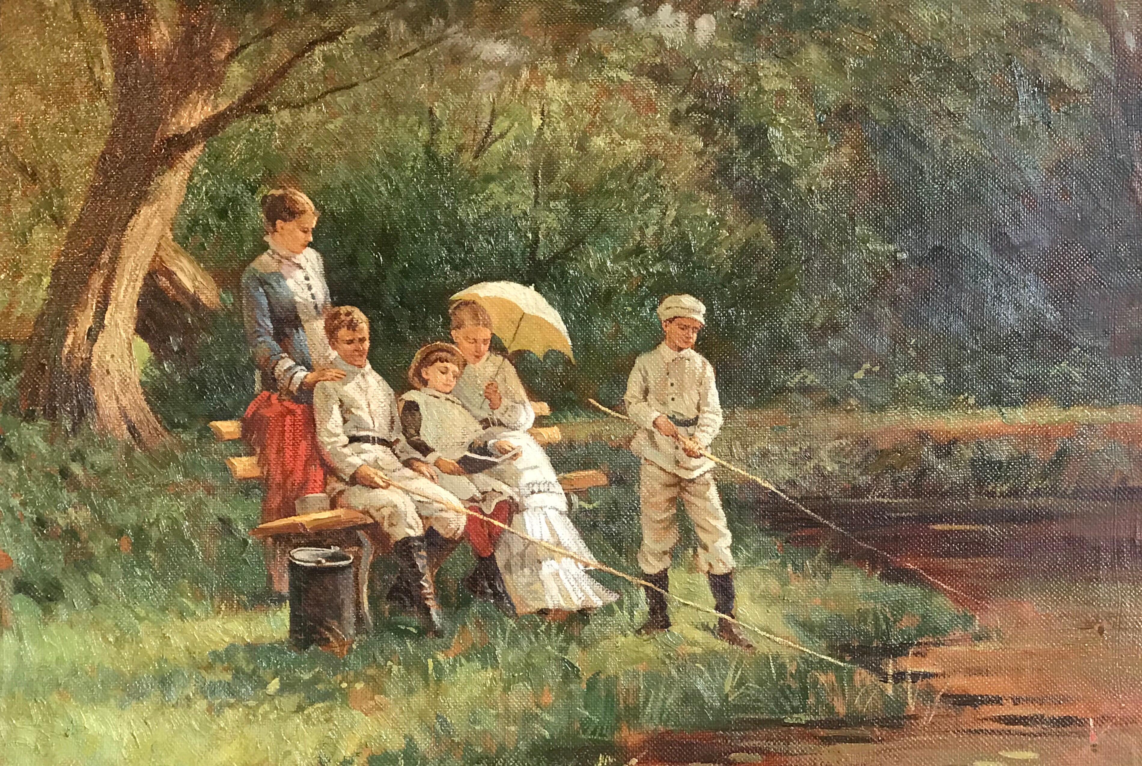 Unknown Figurative Painting - The Young Anglers, Fine Oil Painting on Canvas