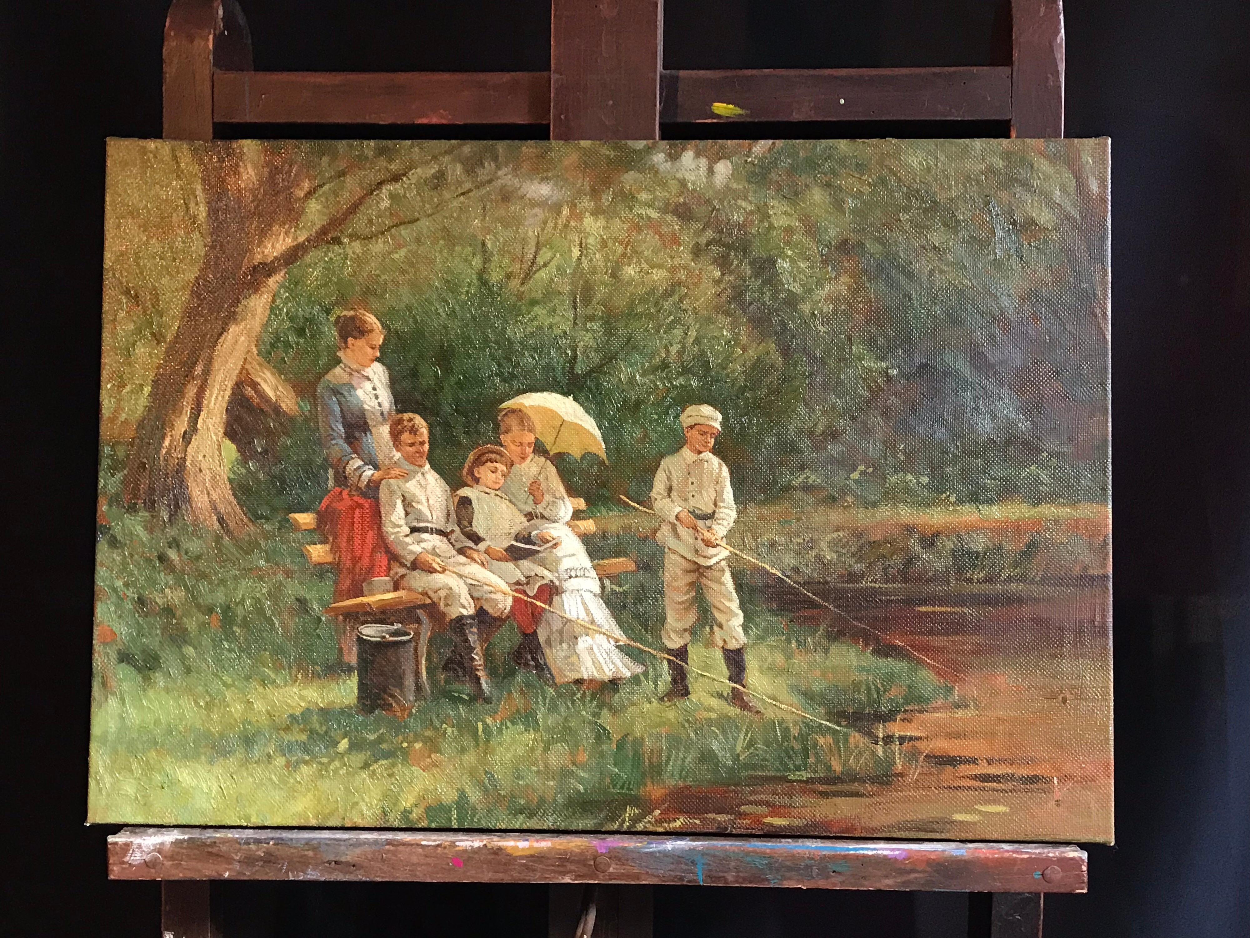 The Young Anglers, Fine Oil Painting on Canvas - Brown Figurative Painting by Unknown