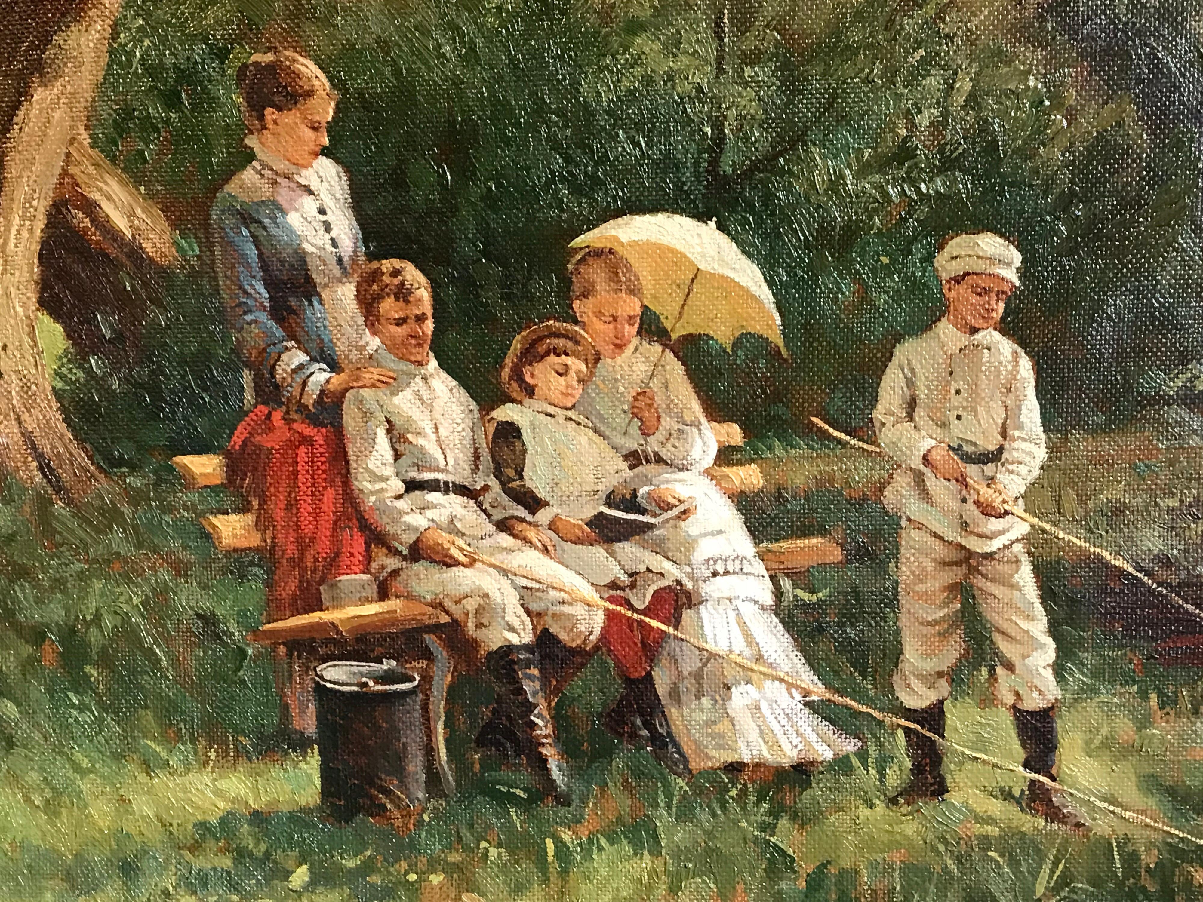 The Young Anglers
Russian School, 20th century
oil painting on canvas, unframed
18 x 26 inches

provenance: private European collection

Superb quality Russian oil painting depicting a young party of anglers on the river bank. The children and