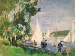 Retro Impressionist Springtime Landscape, Nautical Sail Boats, Signed Oil Painting