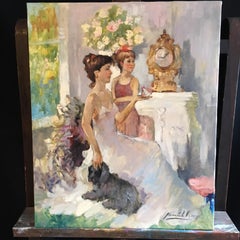 Impressionist Fine Portrait of a Mother and Daughter, Signed Oil Painting