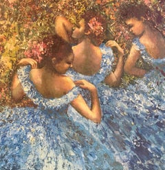 Stylised Portrait of Three Young Women in Blue, Original Oil Painting
