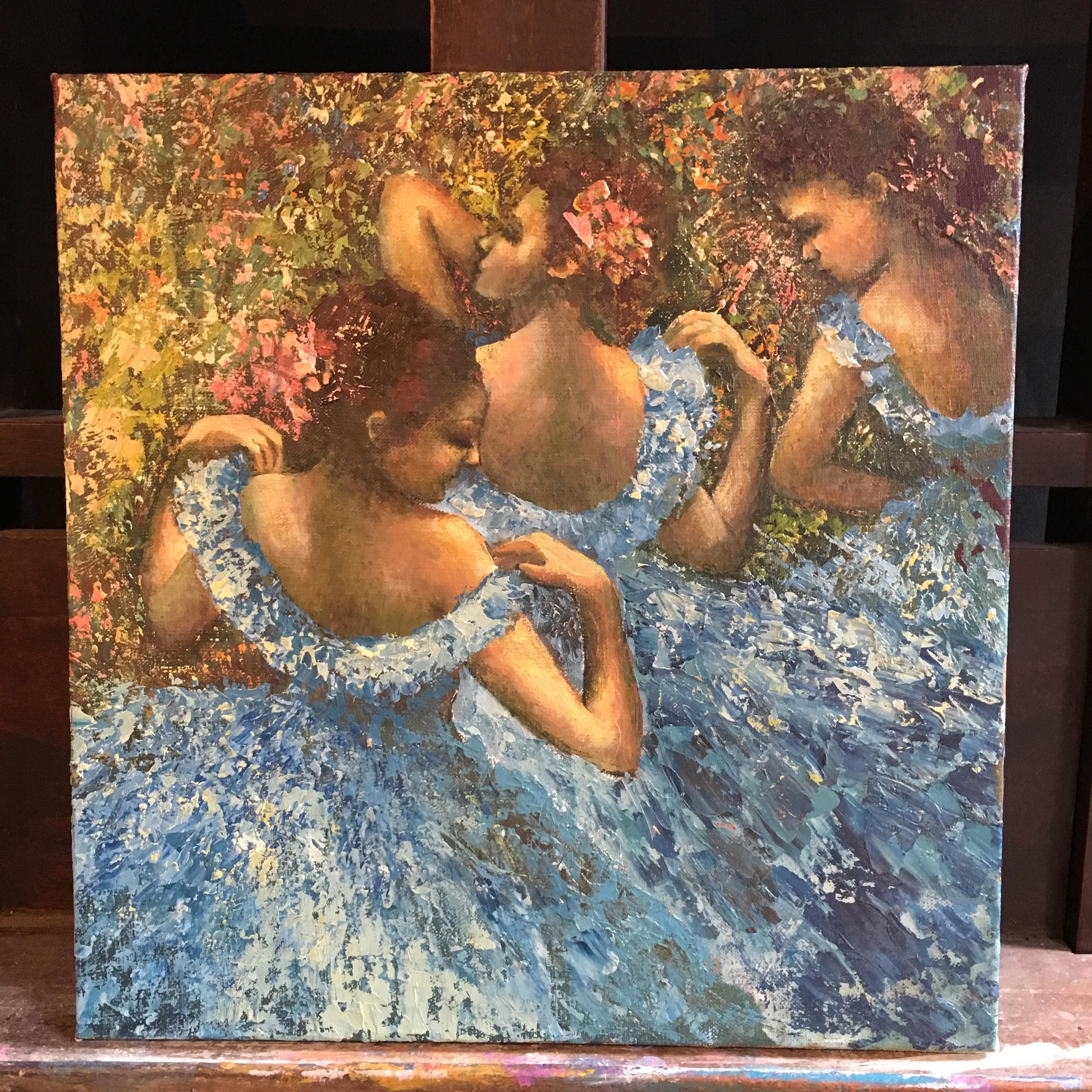 Stylised Portrait of Three Young Women in Blue, Original Oil Painting 1