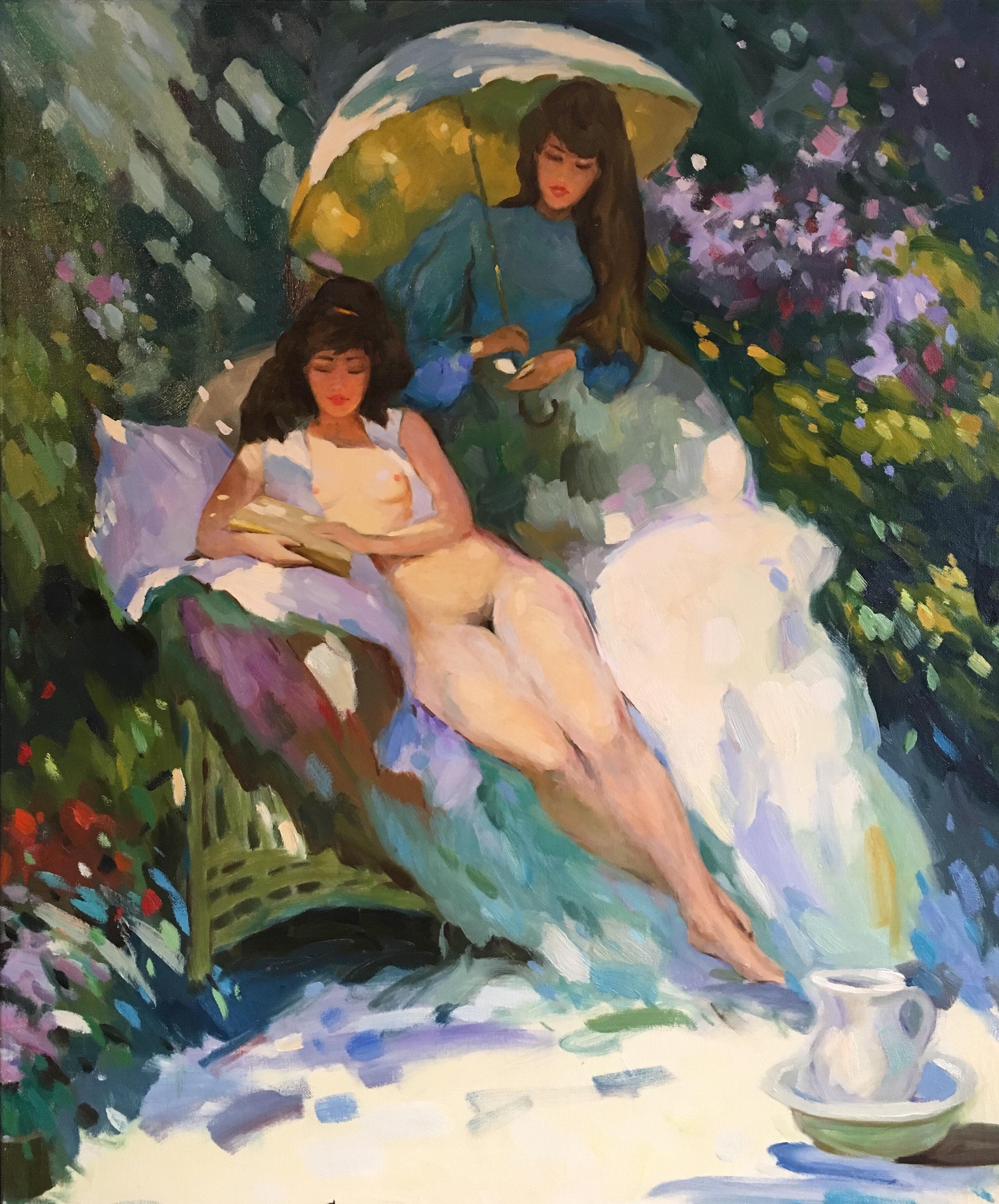 Unknown Figurative Painting - Large Impressionist Nude, Floral Scene, Original Oil Painting