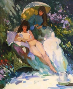 Large Impressionist Nude, Floral Scene, Original Oil Painting
