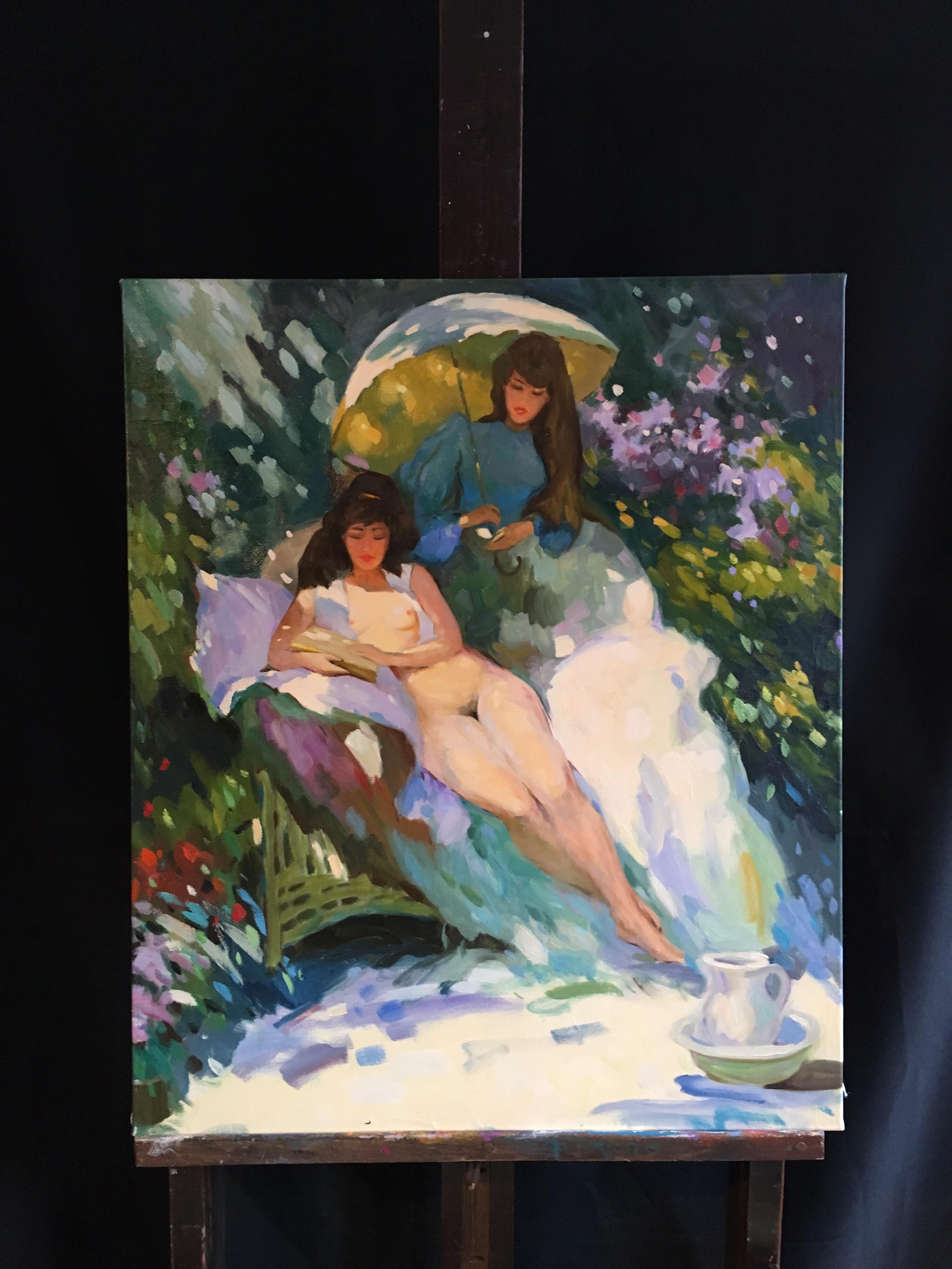 Large Impressionist Nude, Floral Scene, Original Oil Painting - Black Figurative Painting by Unknown