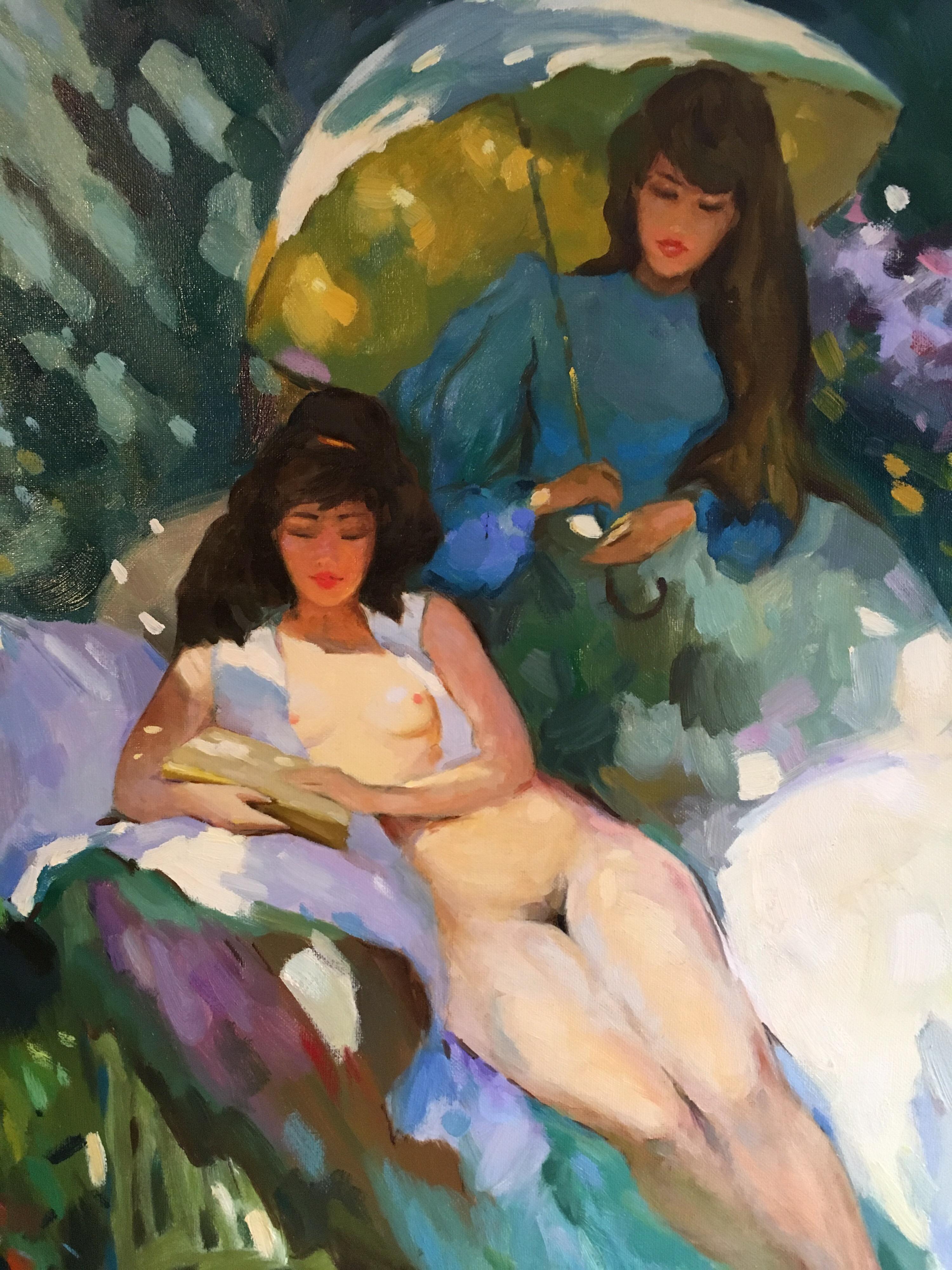 Large Impressionist Nude, Floral Scene, Original Oil Painting
Russian School, 20th Century
Oil painting on canvas, unframed
Canvas size: 30 x 25 inches

Extraordinary oil painting of two women, sat in a nonchalant fashion in their garden. One of the