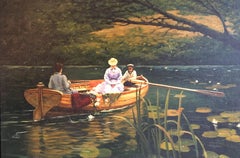 Elegant Figures in Boat, Fine Impressionist Landscape, Original Oil Painting