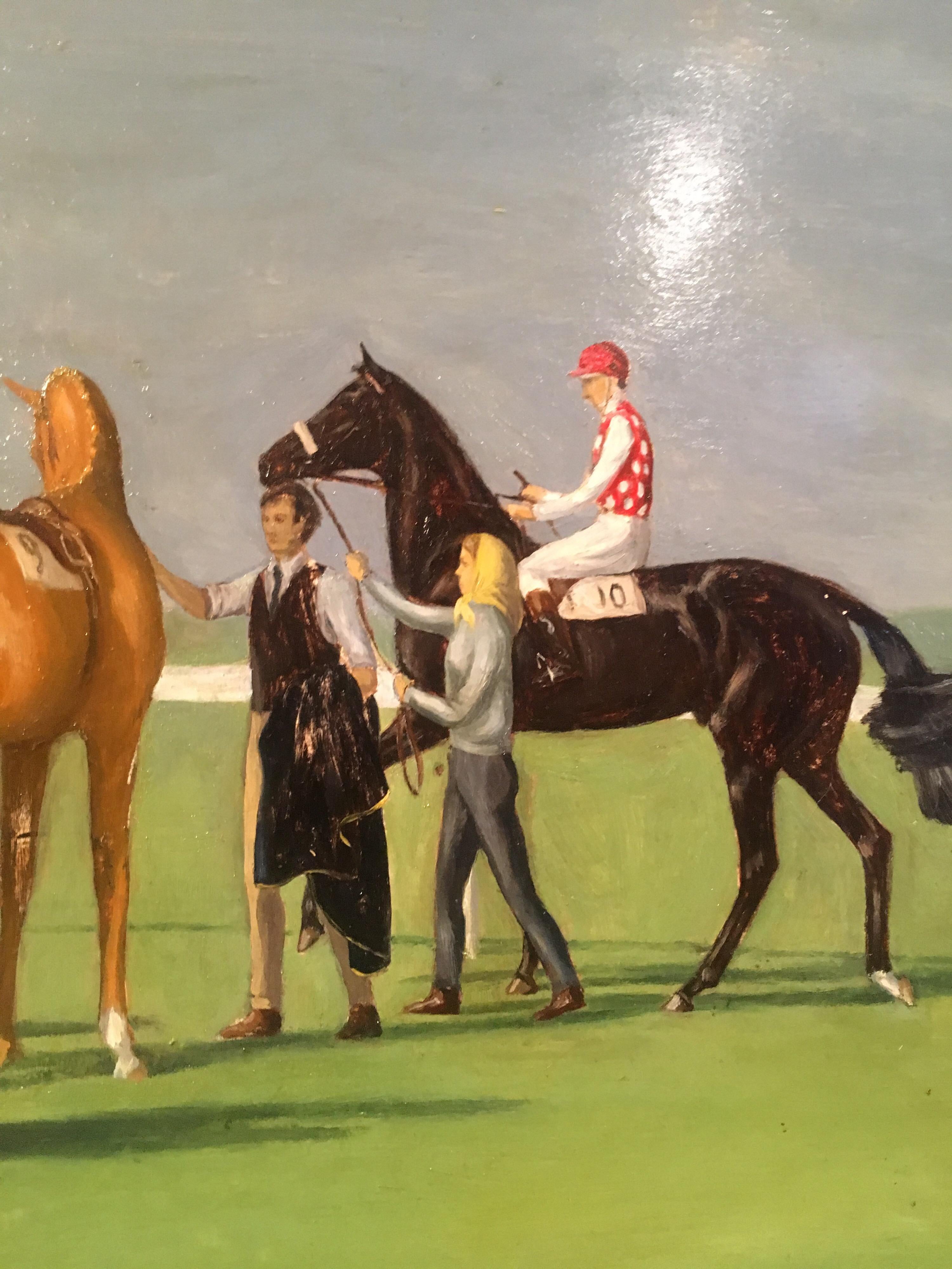 The Start of the Race
By British artist, Alison Guest (born 1951)
Signed by the artist and dated '1971' on the lower right hand corner
Oil painting on board, framed
Frame size: 24 x 34 inches

Classic portrayal of a horse race before it commences.