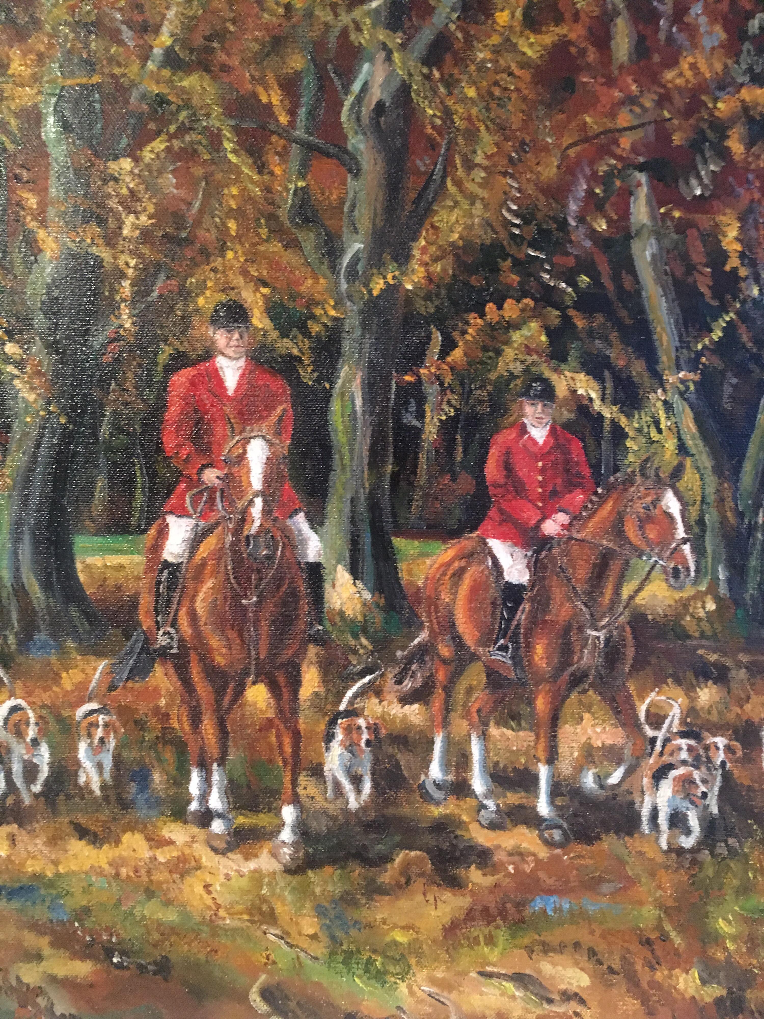 The Beech Wood, Equestrian Hunting Sport Large Oil Painting, Signed - Brown Animal Painting by John Munnings