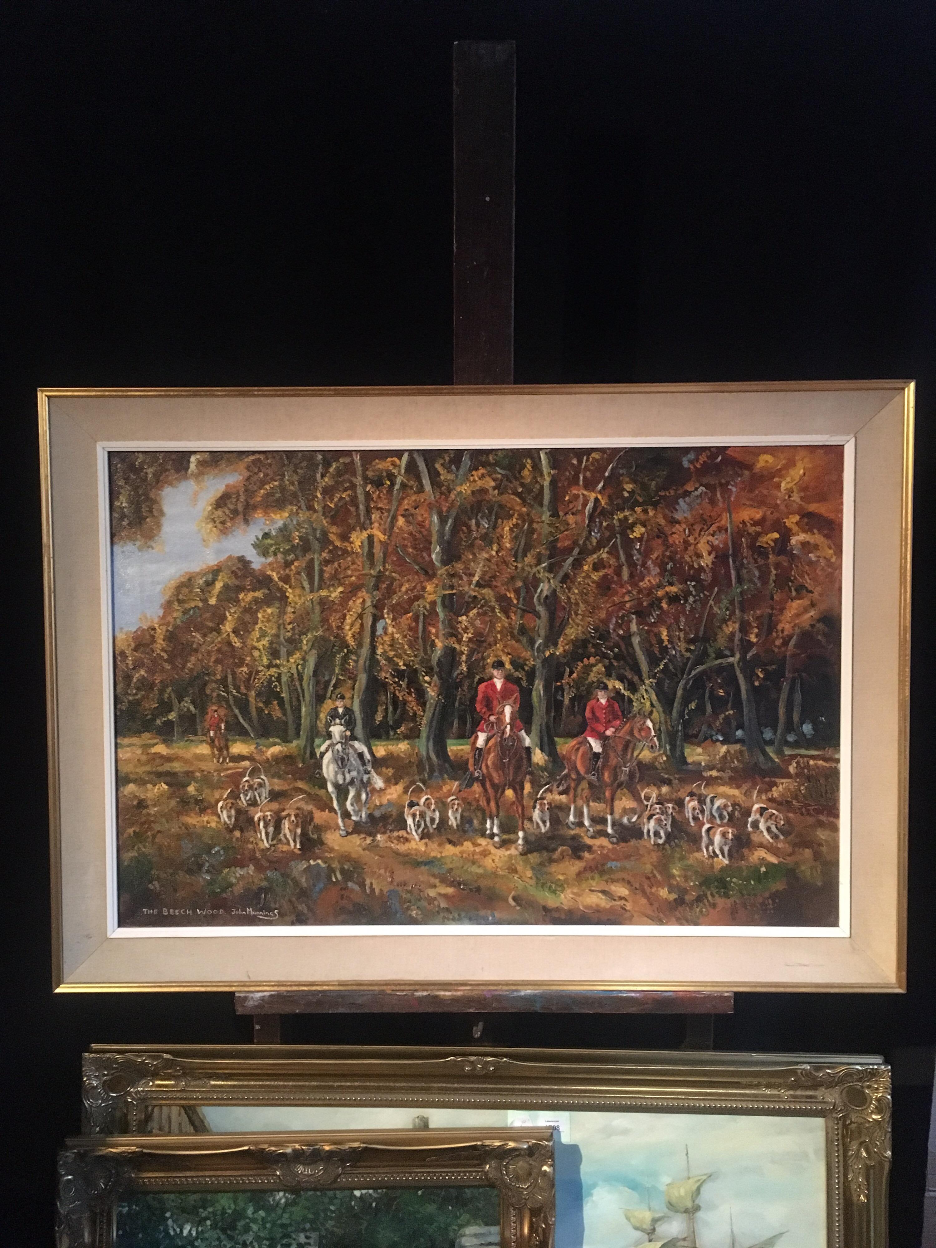 The Beech Wood, Equestrian Hunting Sport Large Oil Painting, Signed 1