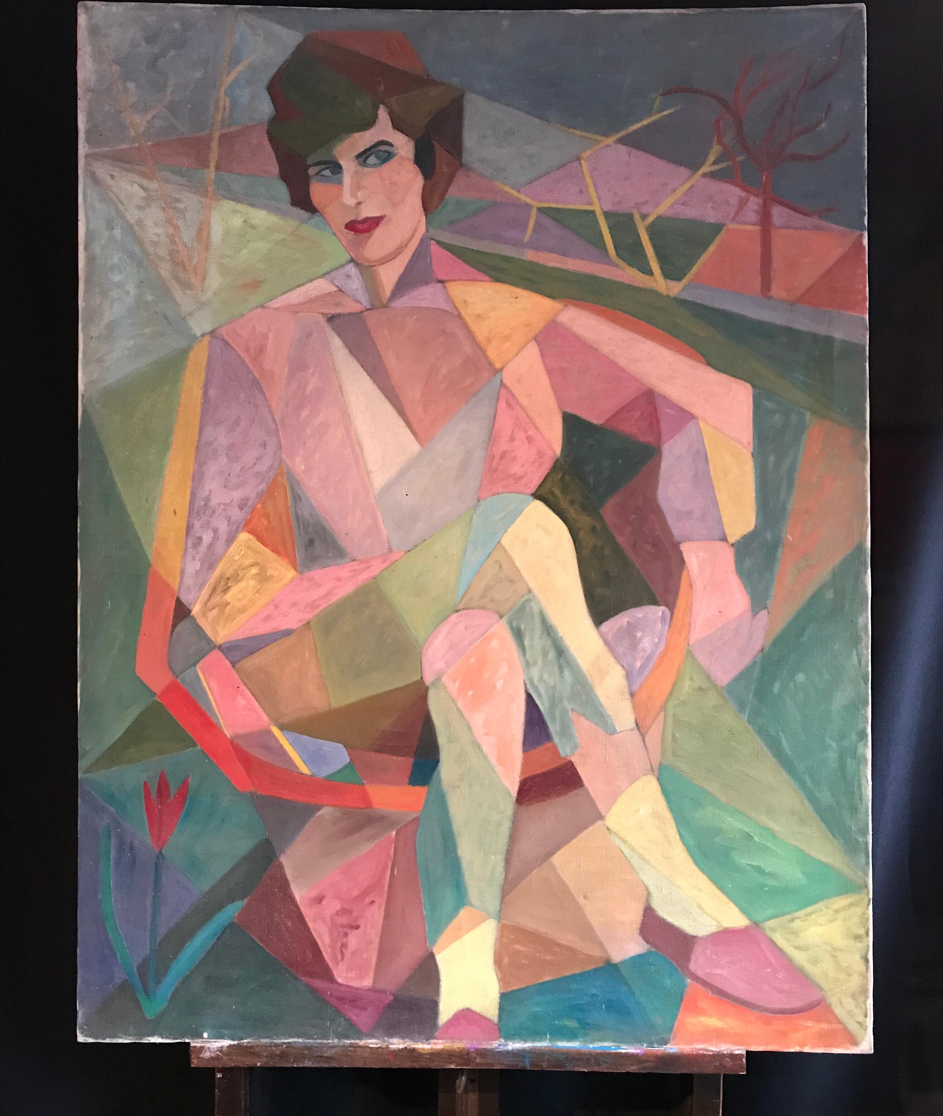 Huge Cubist 1960's Portrait of Lady in Landscape, Oil Painting on Canvas 1