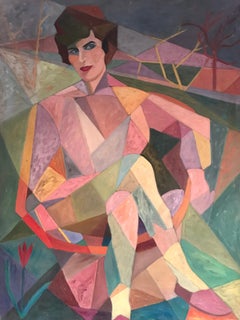 Huge Cubist 1960's Portrait of Lady in Landscape, Oil Painting on Canvas