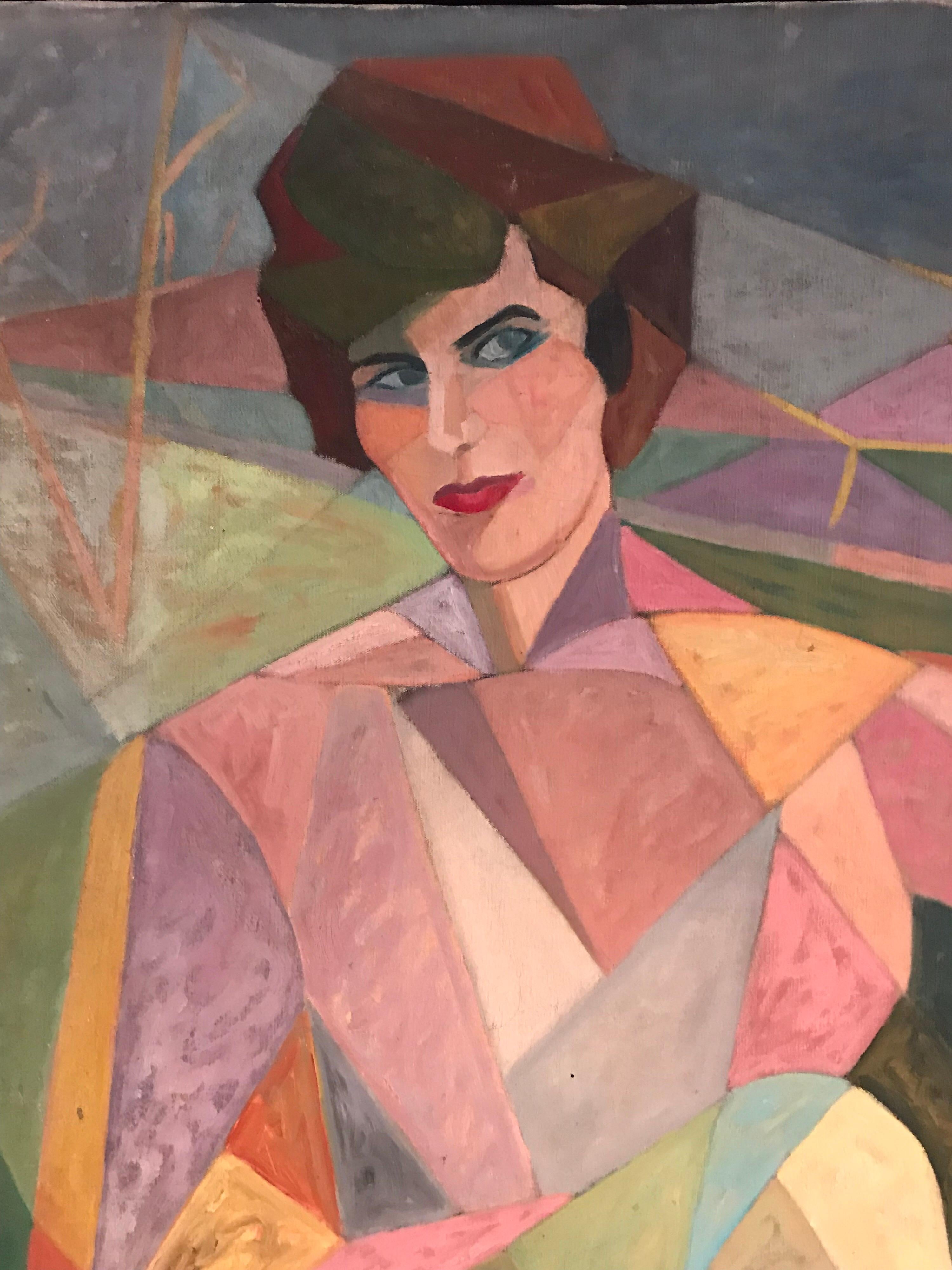 Huge Cubist 1960's Portrait of Lady in Landscape, Oil Painting on Canvas 2