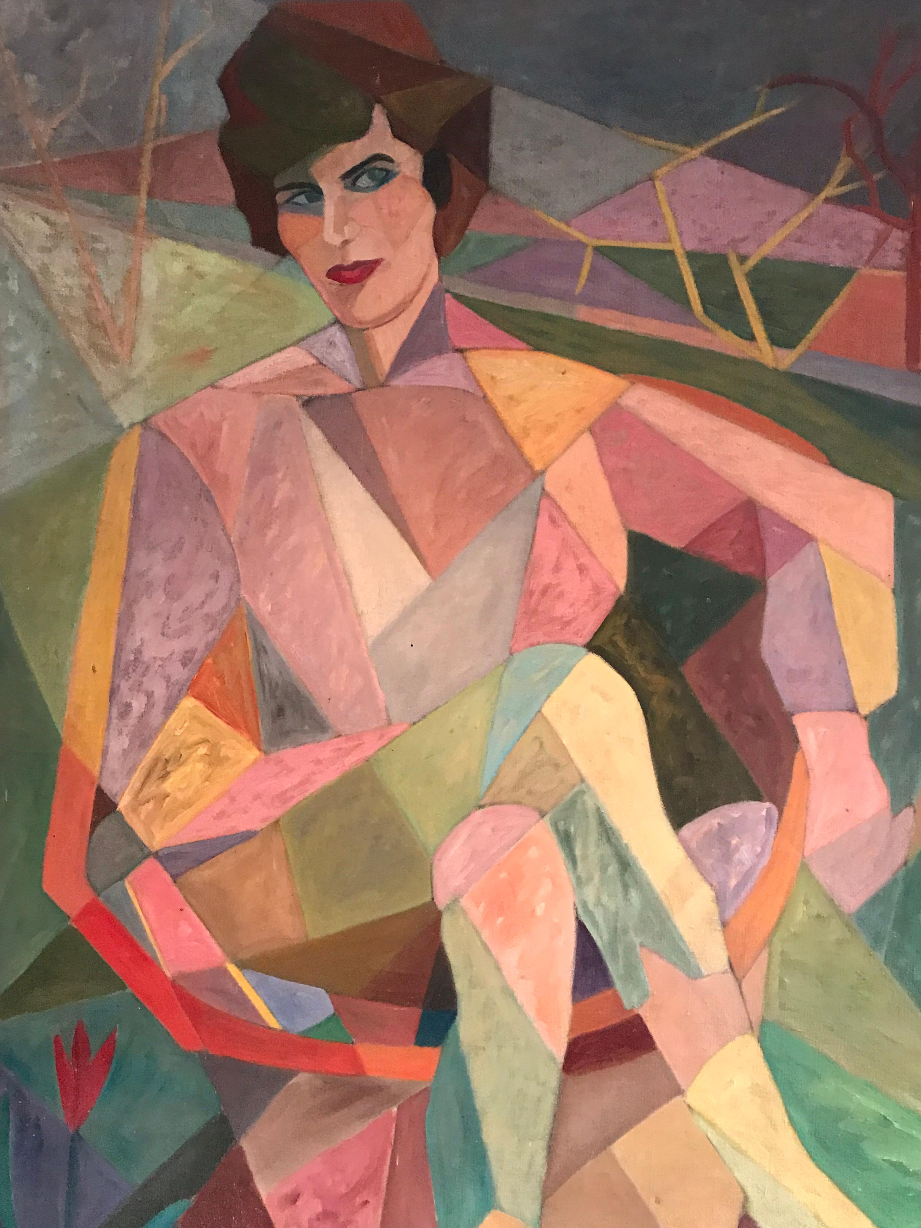 Huge Cubist 1960's Portrait of Lady in Landscape, Oil Painting on Canvas 6