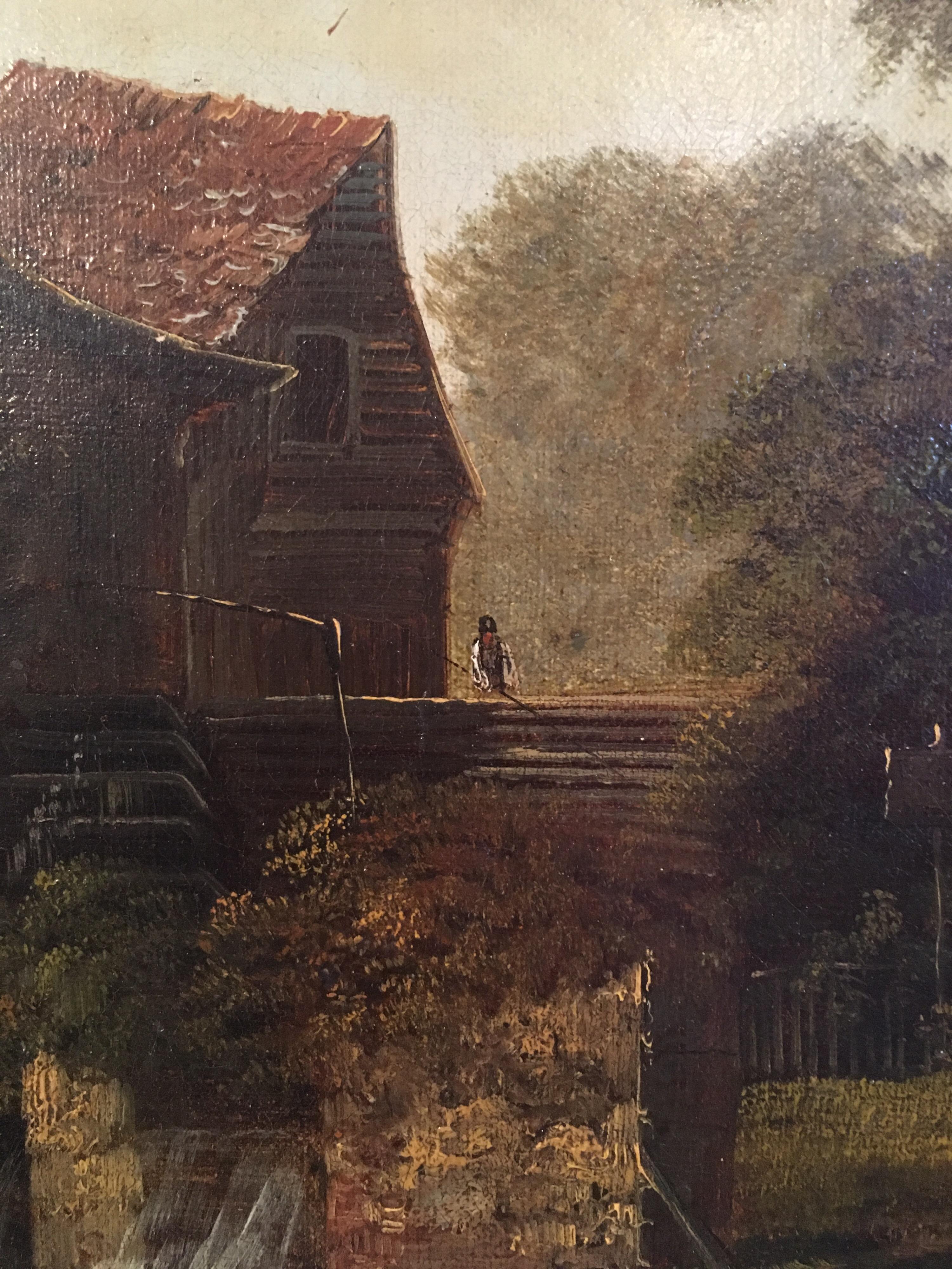 The Water Mill
by Charles Greville Morris (British 1861-1922)
Signed by the artist on the lower left hand corner
Oil painting on canvas, framed
Framed size: 21.5 x 17.5 inches

Wonderfully atmospheric oil painting of a rustic water mill, showing