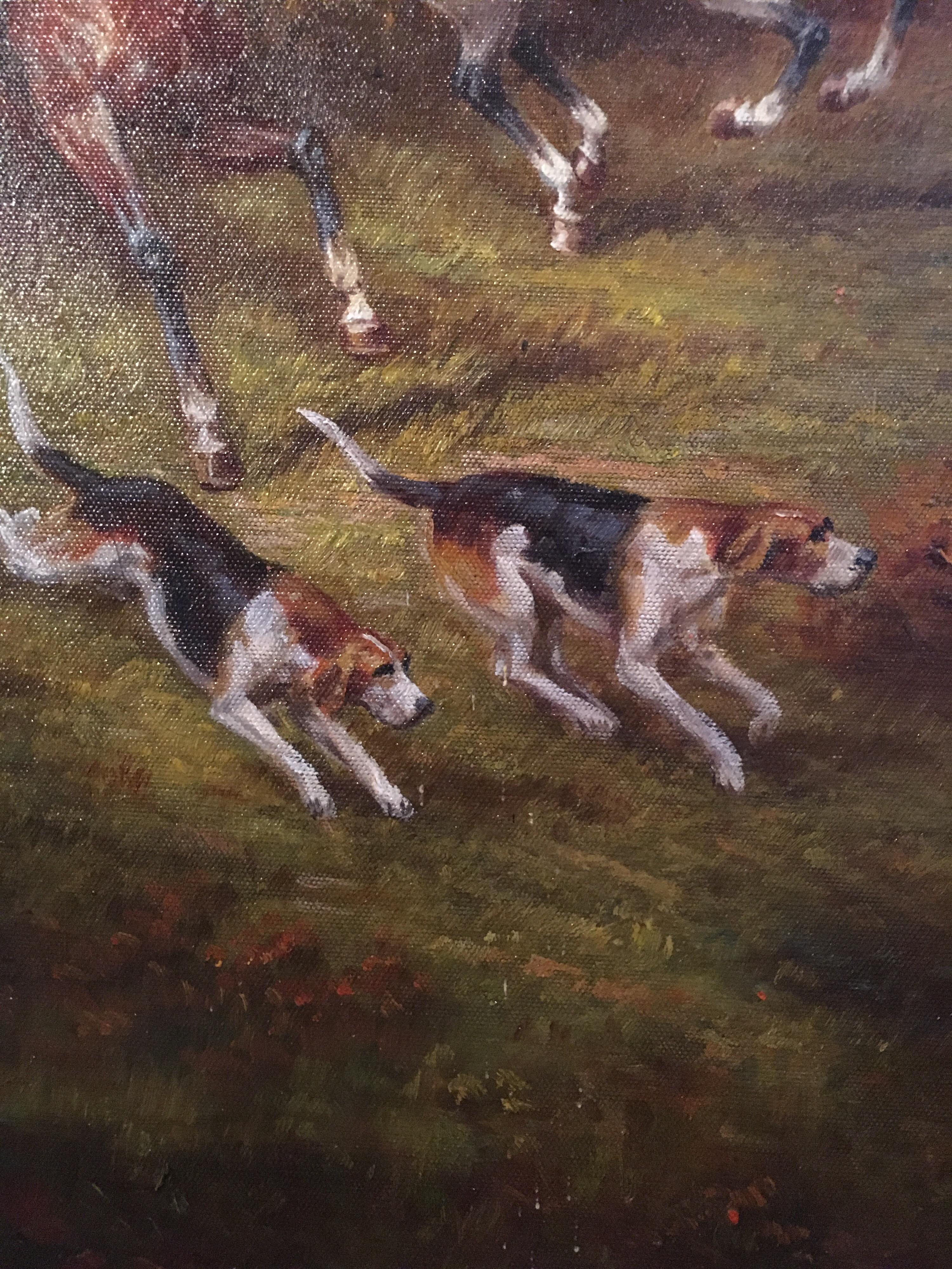 Fox Hunt Original Oil Painting (2), Impressionist Landscape, British, Signed - Gray Animal Painting by Jack Leyine