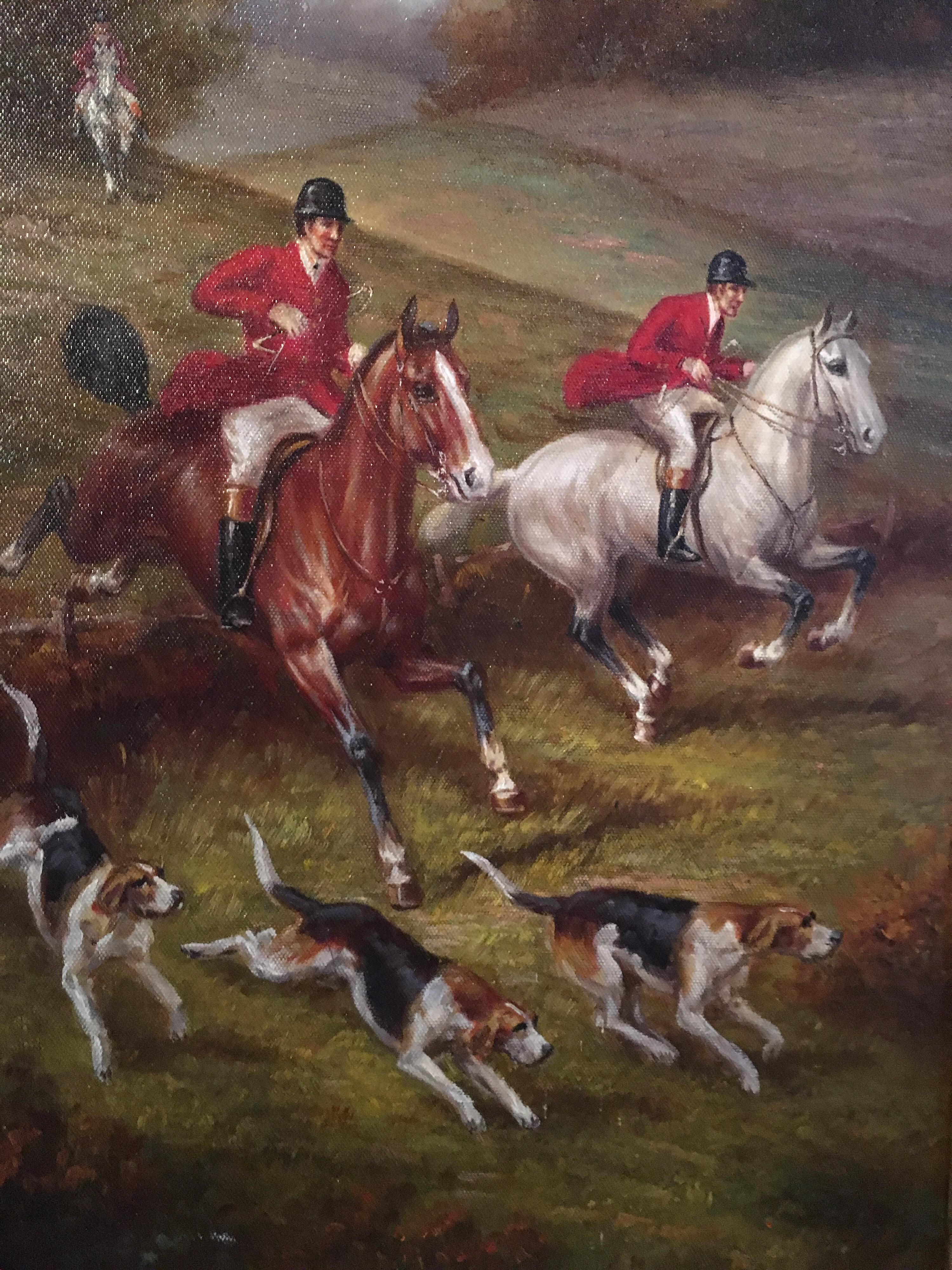 Fox Hunt Original Oil Painting (2), Impressionist Landscape, British, Signed
By British artist Jack Leyine, Mid 20th Century
Signed by the artist on the lower left hand corner
Oil painting on canvas, framed
Framed size: 30 x 17.5 inches

Fabulously