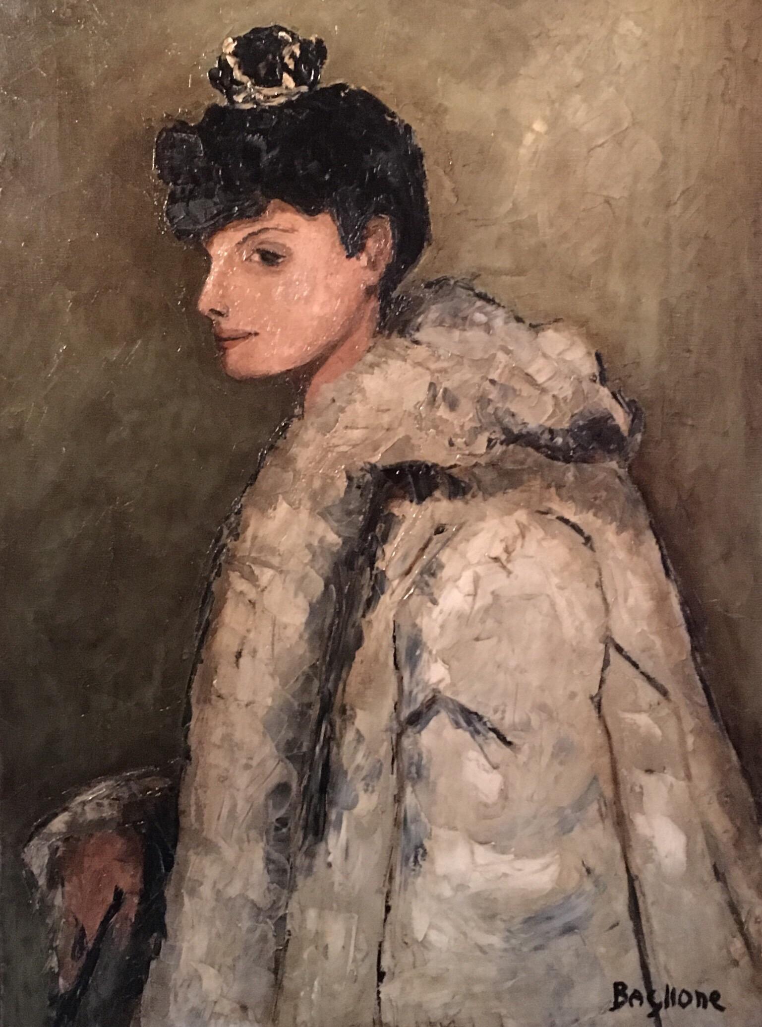 Baglione Gilbert Portrait Painting - French Impressionist Portrait, Fur Coat, Stylish Female Model, Signed Oil