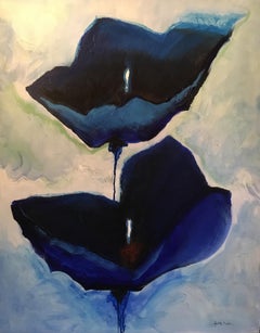 Large Floral Abstract, Indigo Blue, Signed Original Oil Painting