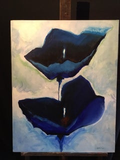 Large Floral Abstract, Indigo Blue, Signed Original Oil Painting