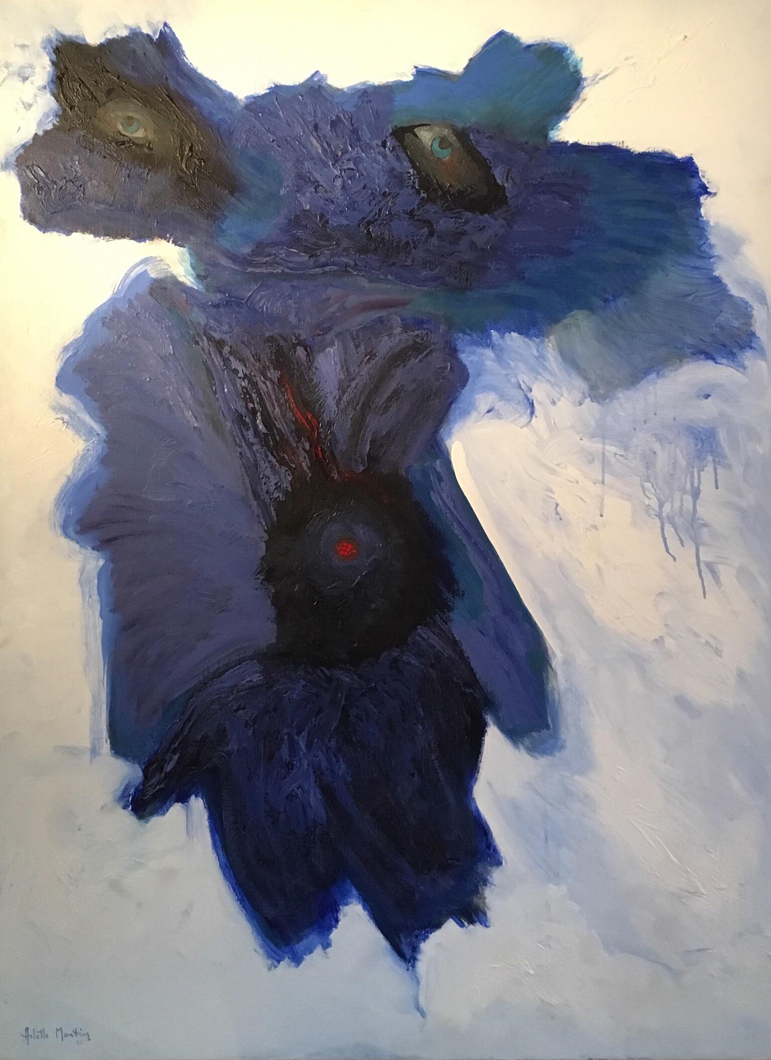 Arlette Martin Interior Painting - Huge Abstract Oil Painting, Indigo Blue, "Les Yeux Bleus" Signed Original