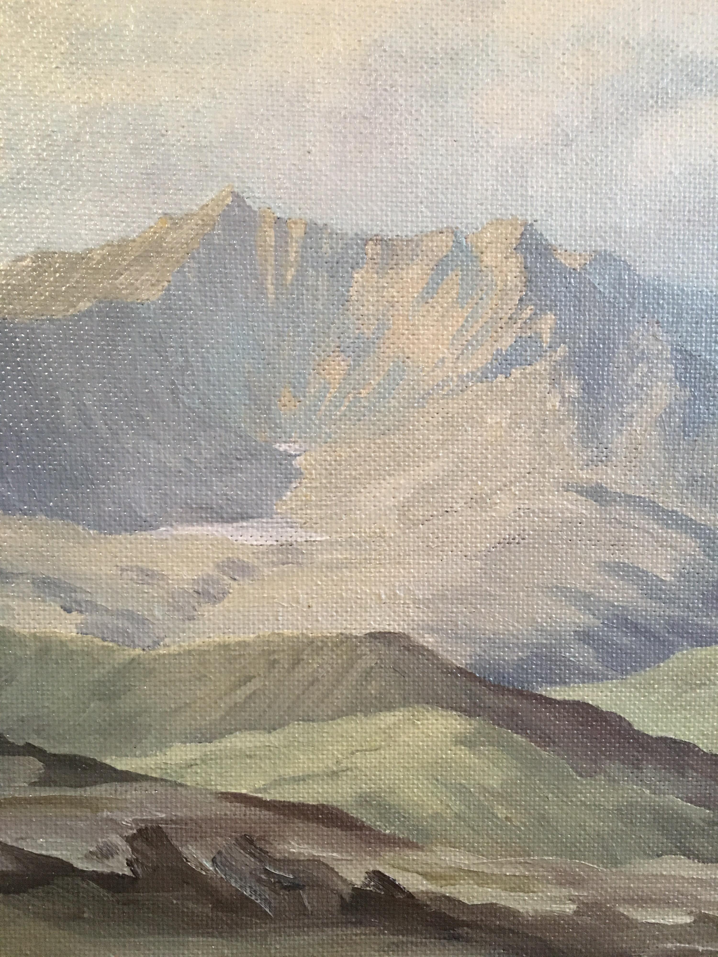 « Snowdon from Siabod », paysage impressionniste, peinture à l'huile originale, signée - Gris Still-Life Painting par Wilfred J.Colclough