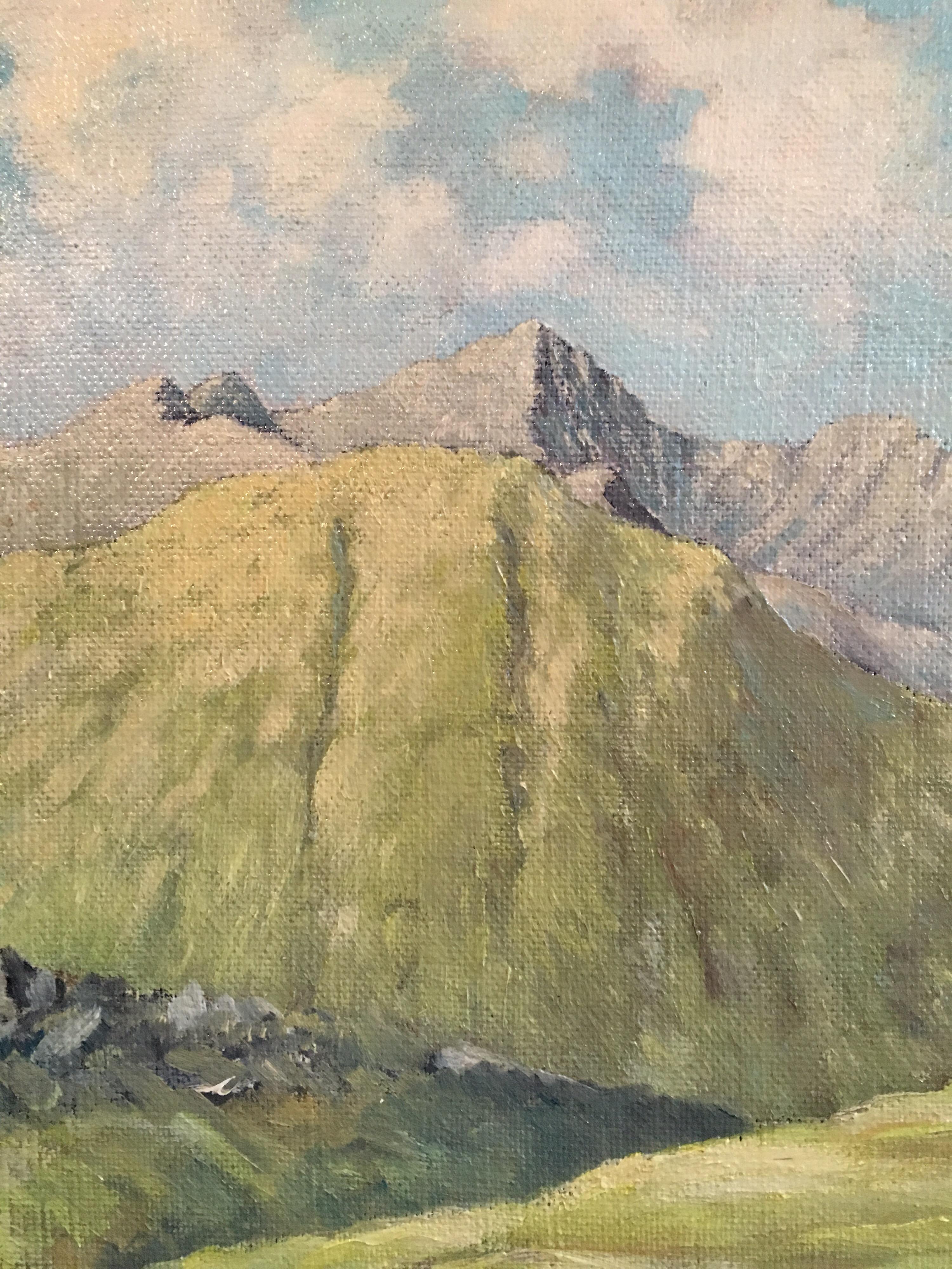 Pastures vertes, paysage gallois, peinture à l'huile originale, signée - Marron Still-Life Painting par Wilfred J.Colclough