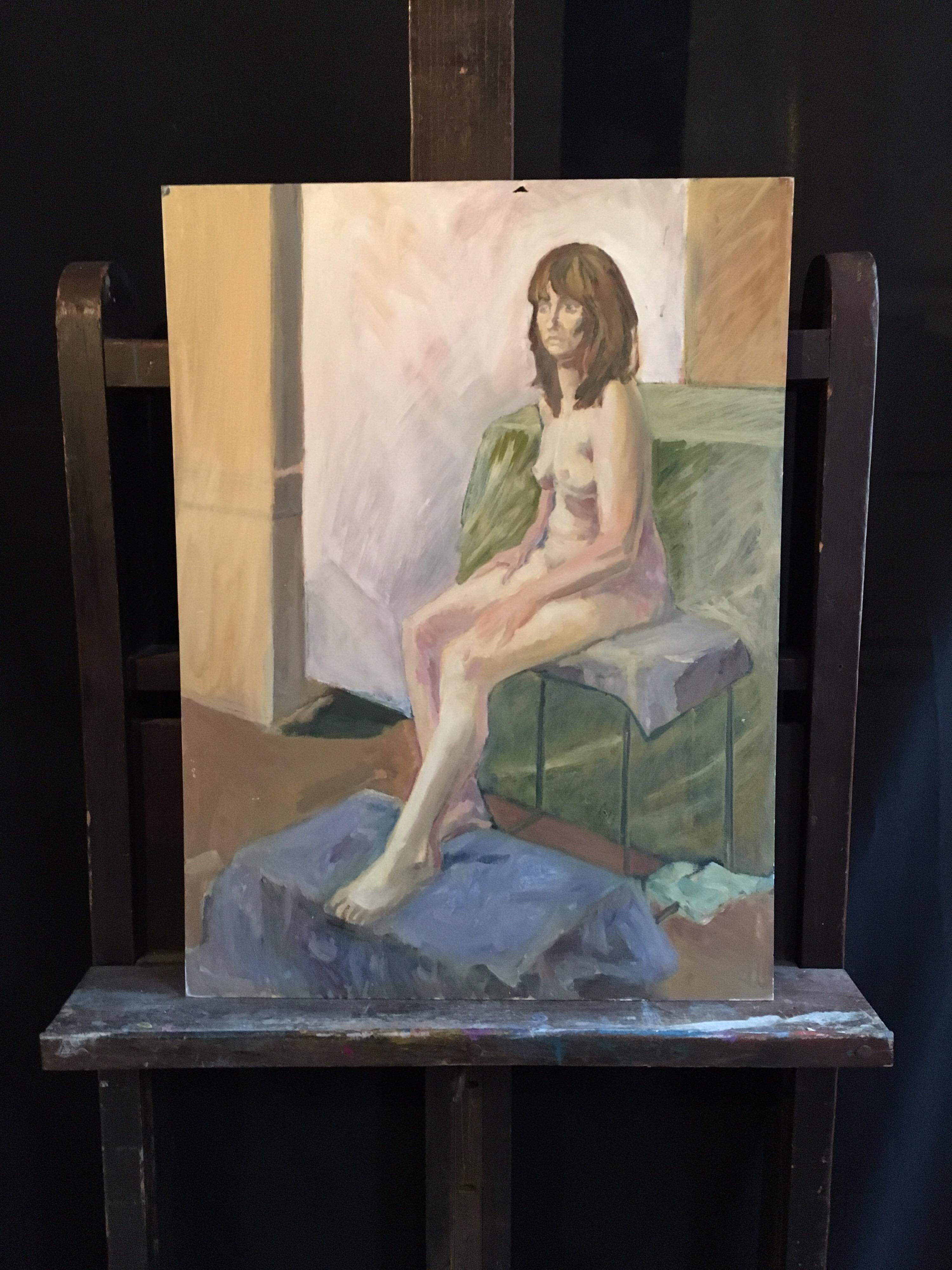 Un momento, ritratto impressionista, pittura ad olio originale - Portrait Painting Marrone di Derek Kershaw