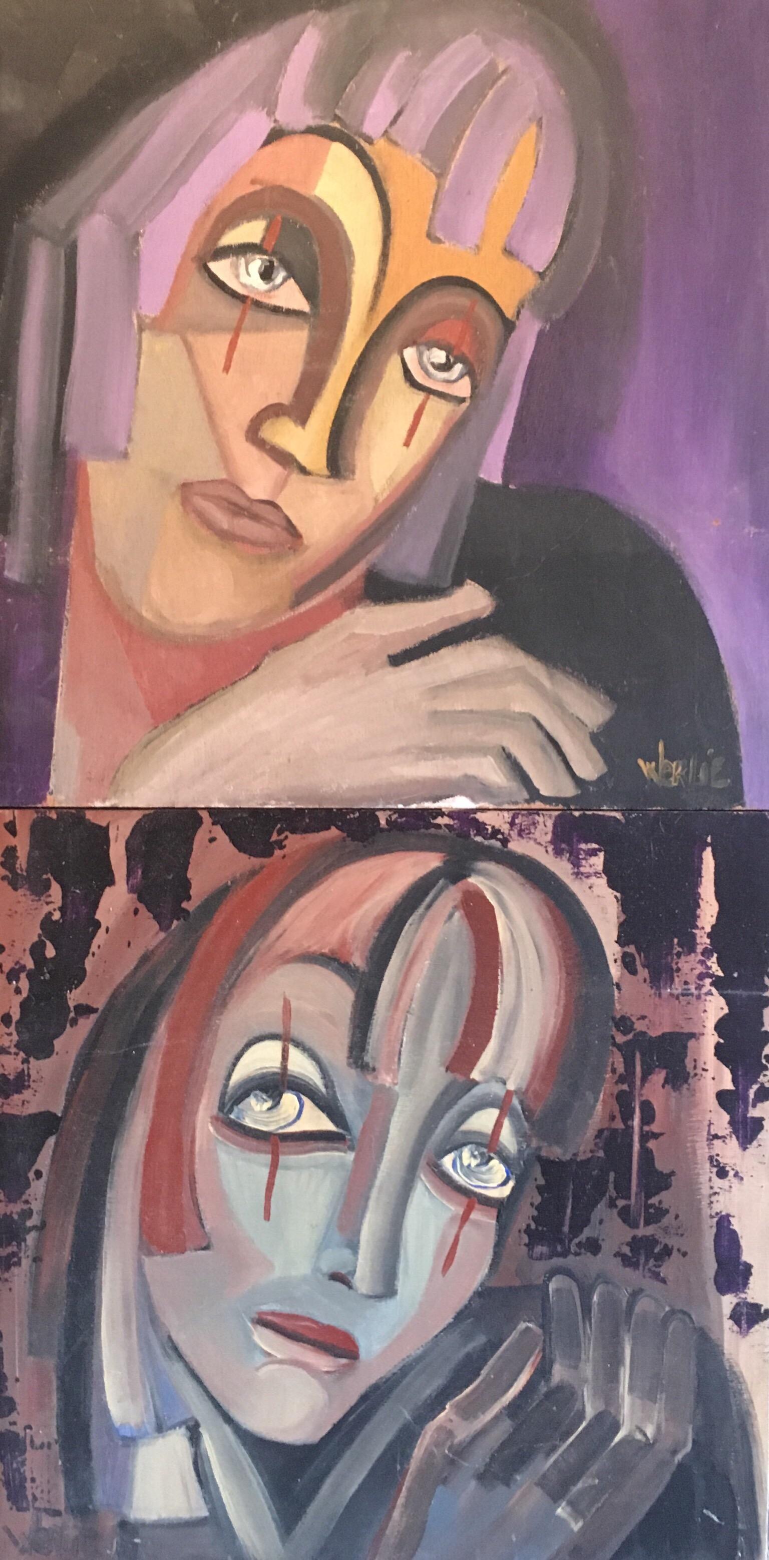 Abstrakte Porträts, zwei Gemälde als eine lila Farbe, signiert