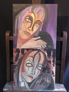 Abstract Portraits Two Paintings as One Purple Colour Signed