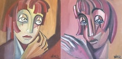 Used Abstract French Portraits, Two Paintings Side by Side
